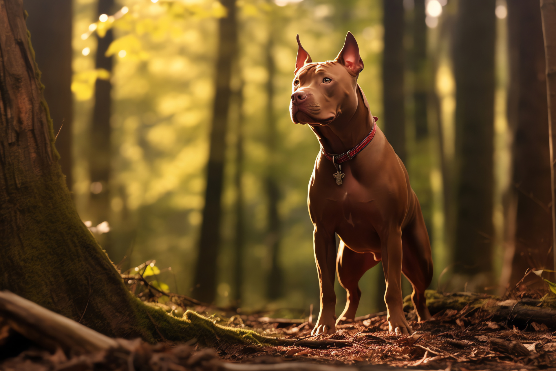 Red Nose Pitbull, rich claret coat, tender umber optics, rear posture, serene forested glade, HD Desktop Wallpaper