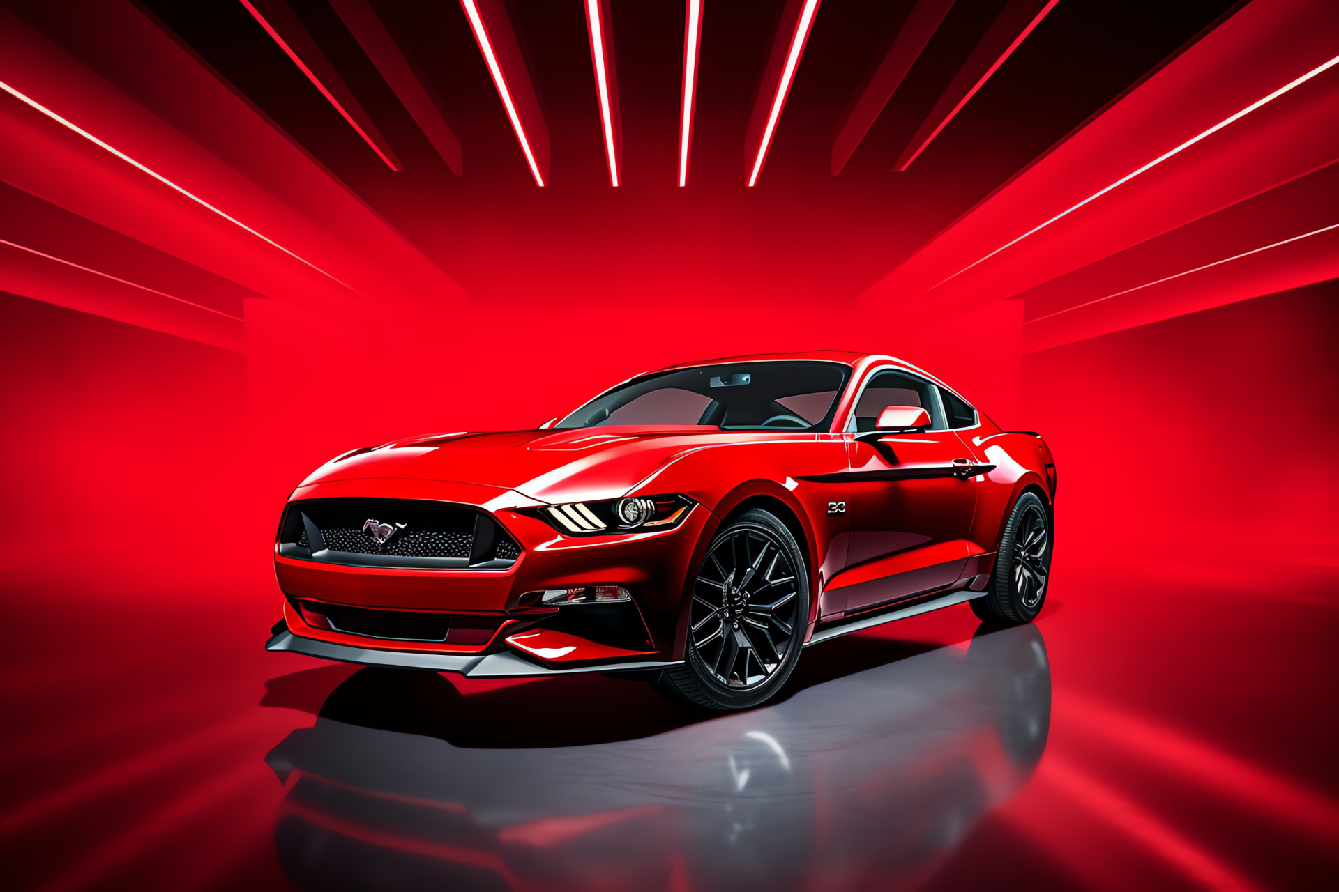 Mustang HD, Bold red canvas, Vivid backdrop, Dominant design, Eye-catching profile, HD Desktop Wallpaper