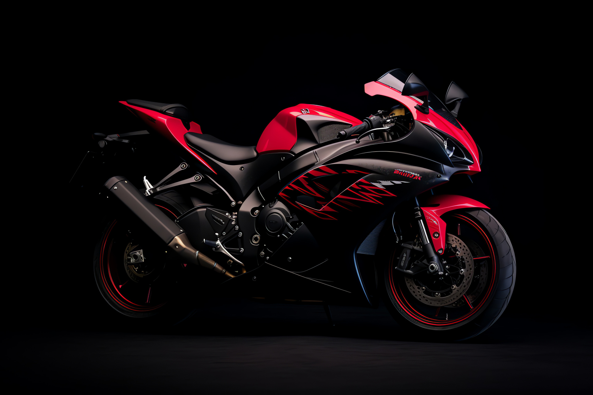 Suzuki GSXR 750 profile, Sleek black finish, Racing motorcycle stance, Homogeneous red setting, Performance bike spotlight, HD Desktop Image