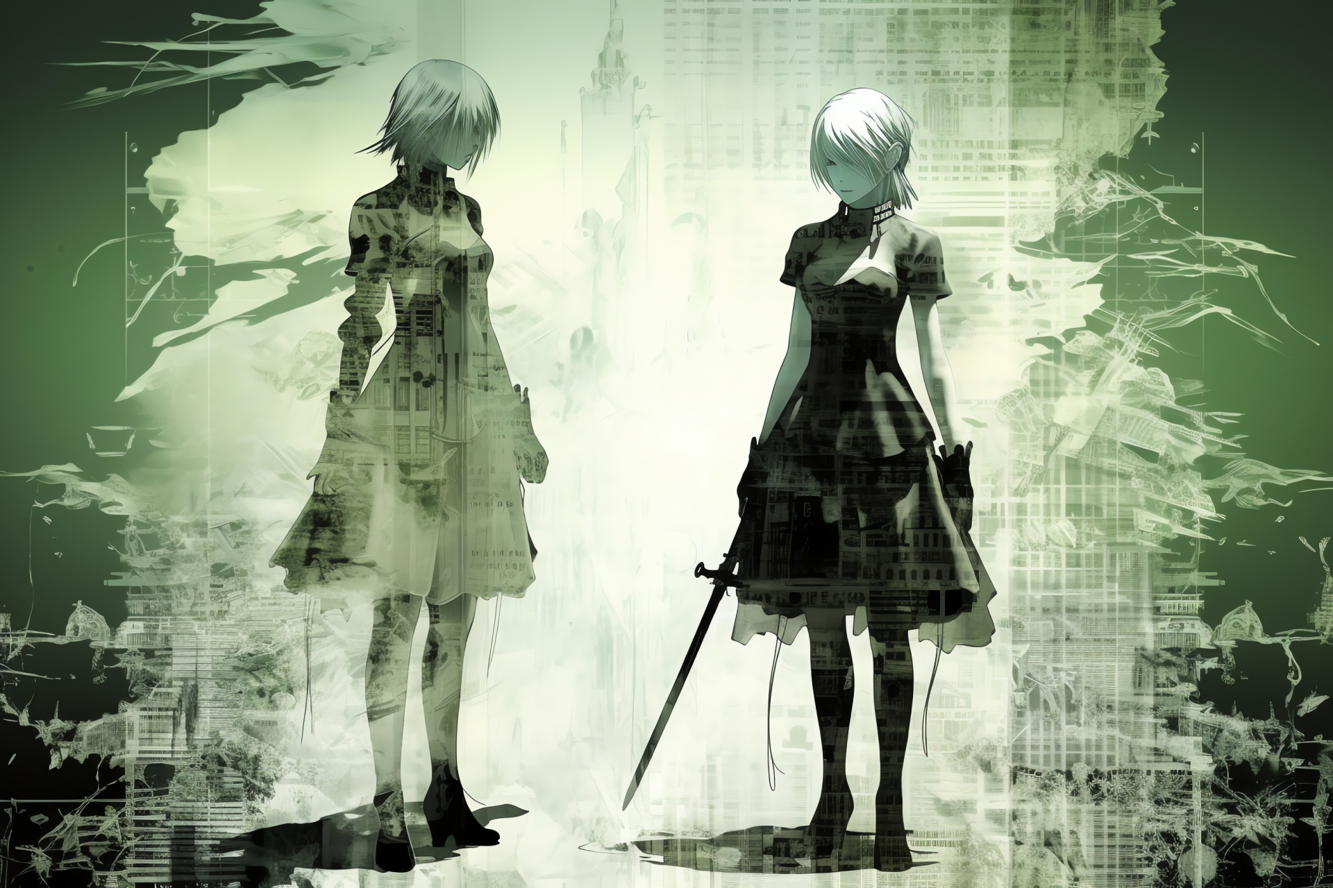 Nier Replicant scene, Lead character Nier, Wise companion Weiss, Verdant ocular detail, Reaver weapon depiction, HD Desktop Wallpaper