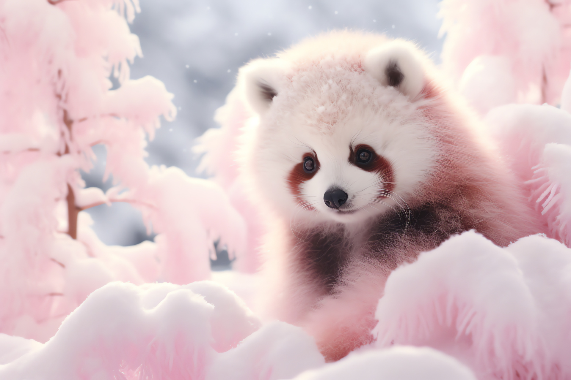 Enigmatic Pink Panda, Alabaster undercoat, Rosy furred mammal, Chilly forest habitat, Frosty tree scenery, HD Desktop Wallpaper