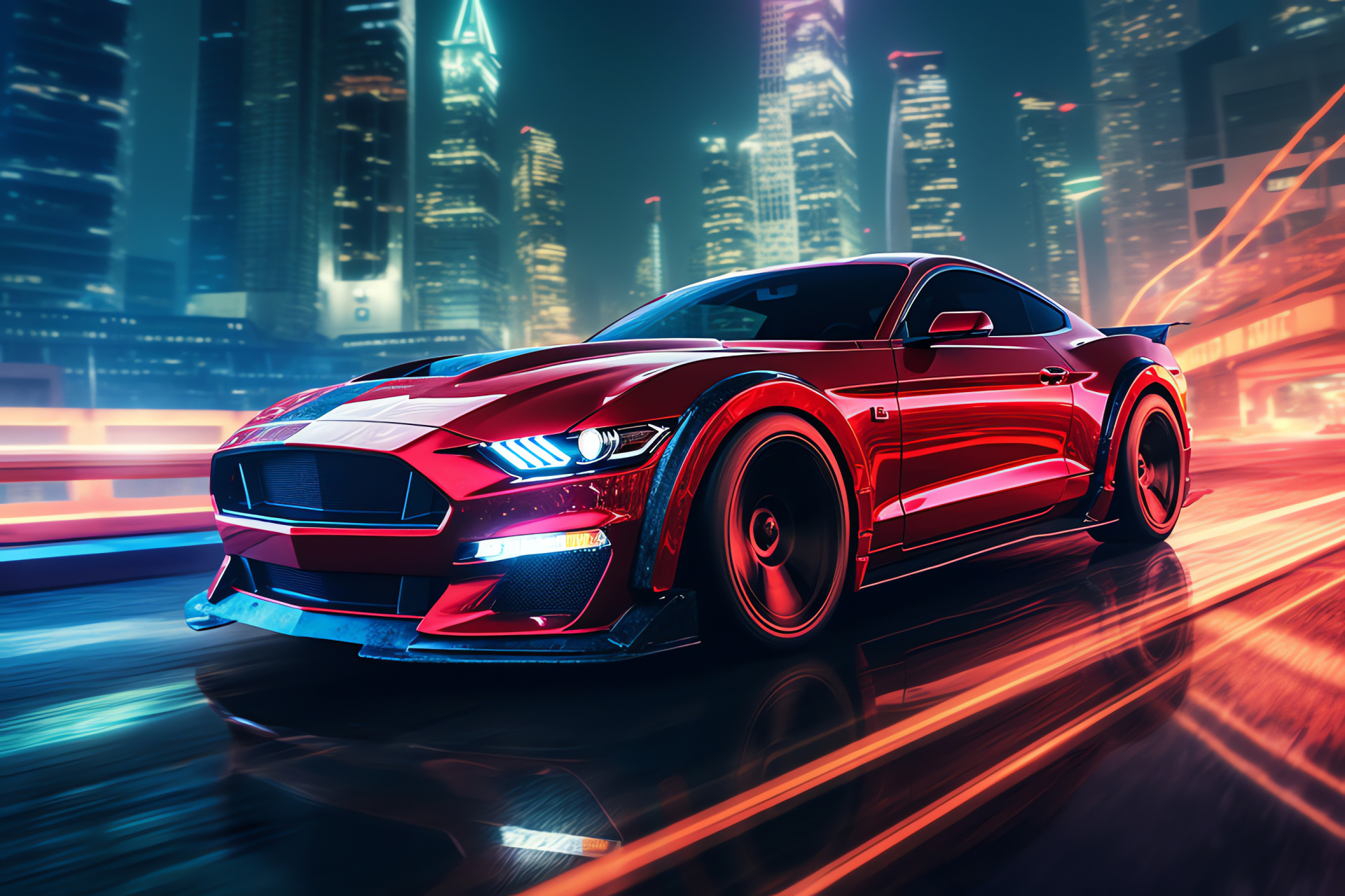 Mustang HD, Shanghai metropolis, Sci-fi skylines, Illuminated tunnels, Urban overpasses, HD Desktop Wallpaper