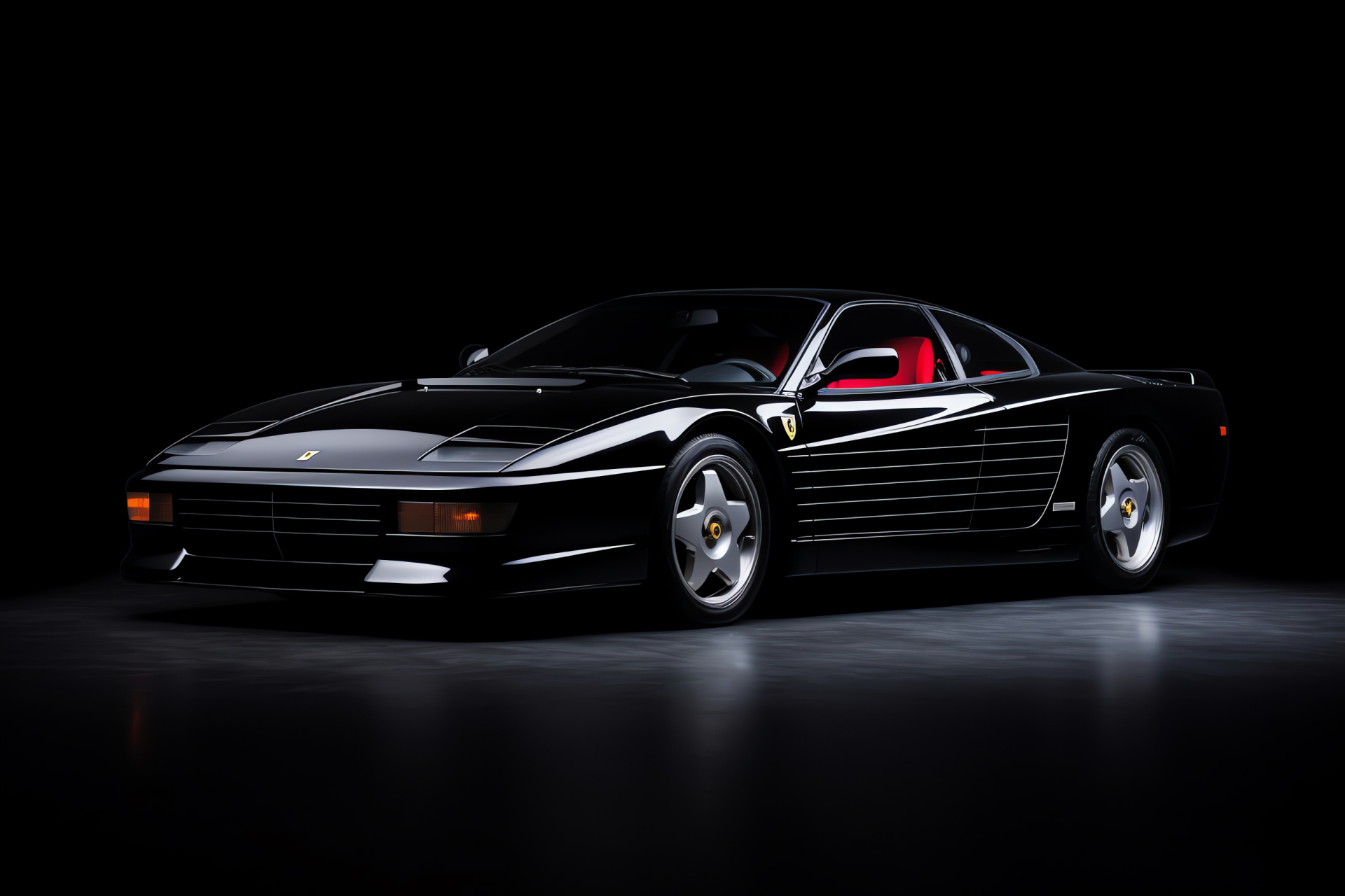 Testarossa 1990 variant, Black finish, Wide perspective capture, Sports car icon, Dark theme, HD Desktop Image