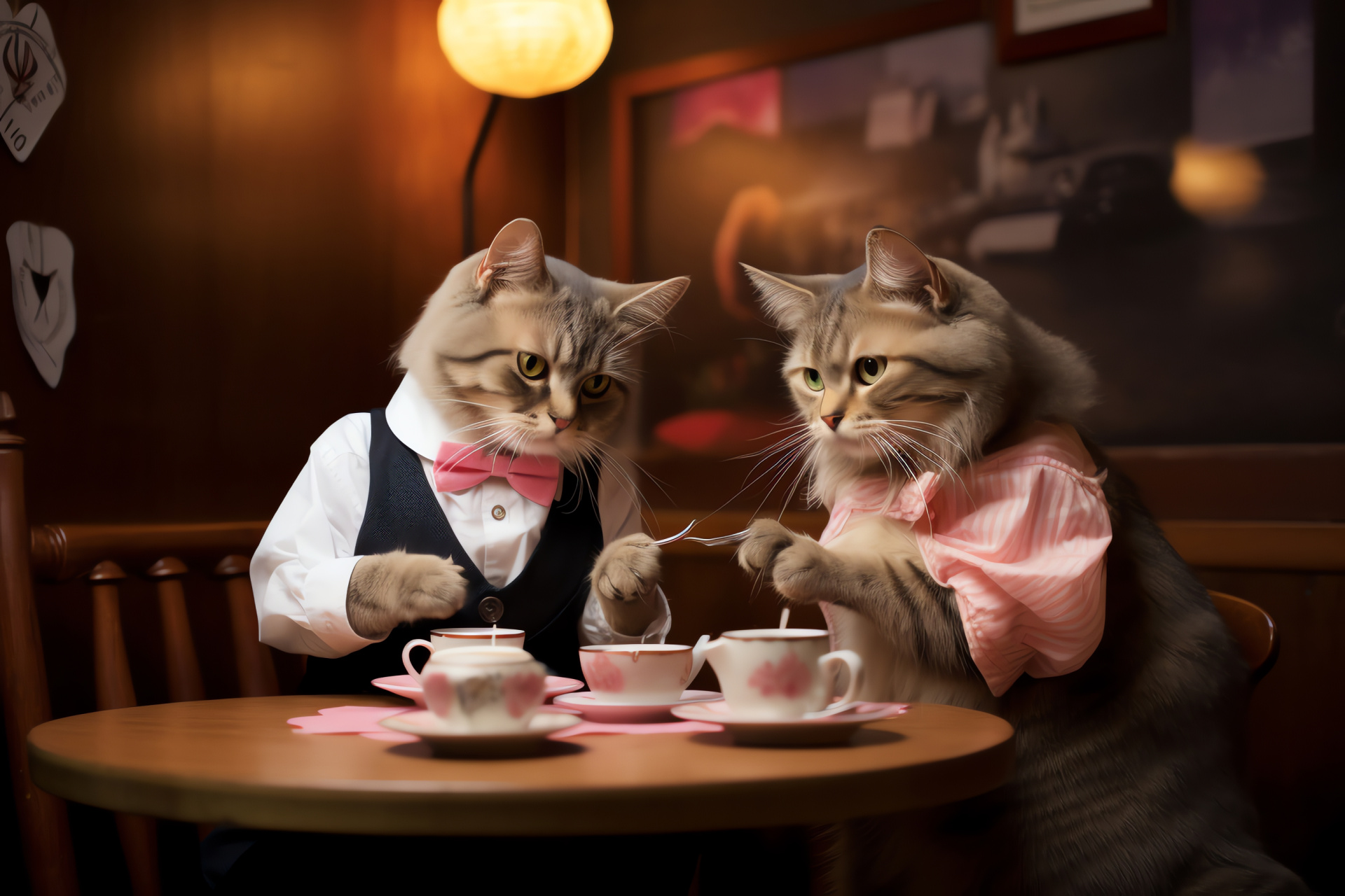 Valentine's cozy cafe ambiance, cat companions in love, caffeinated beverage enjoyment, smooth melody background, holiday in city sanctuary, HD Desktop Image