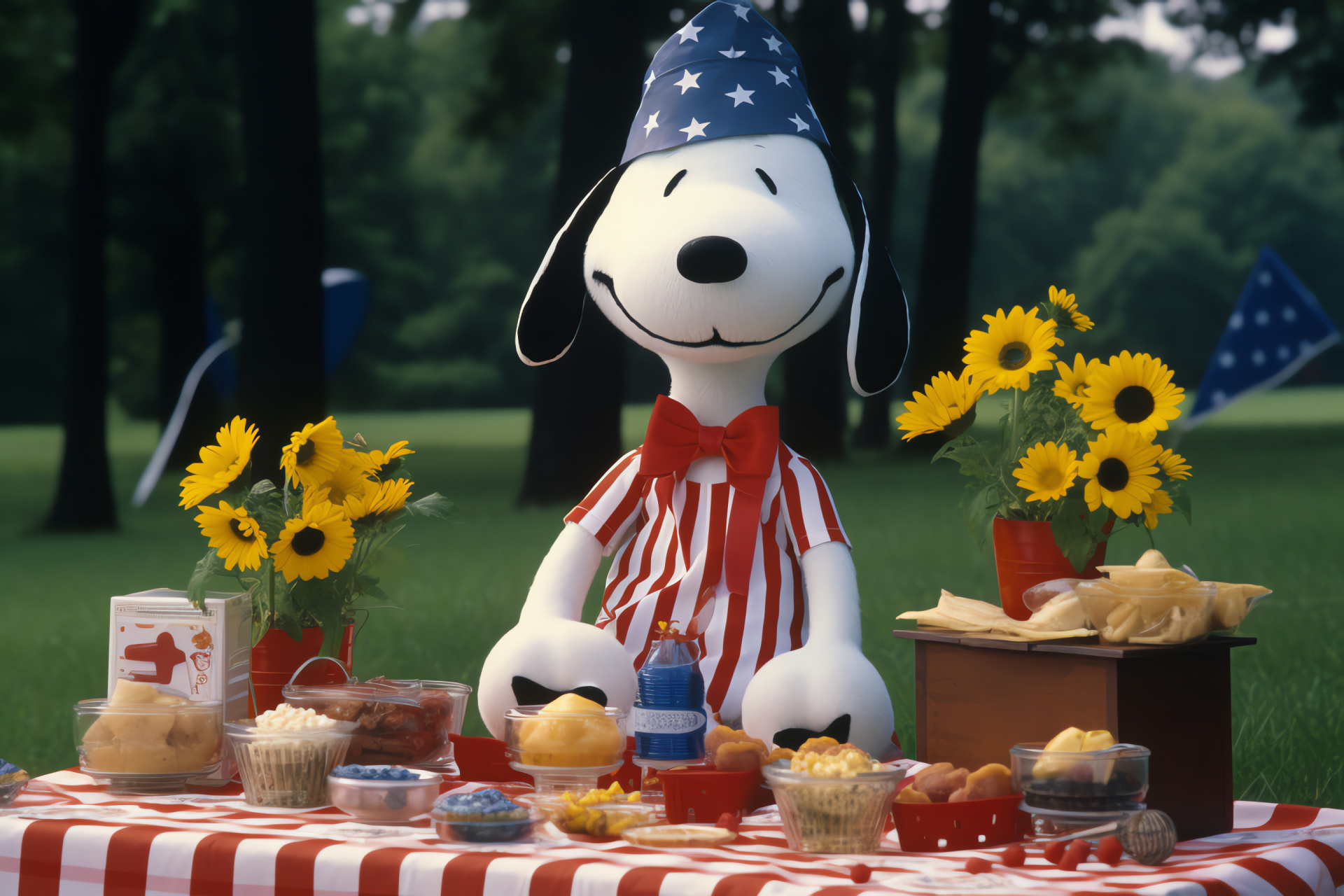 Snoopy summertime leisure, Woodstock companion, July 4th lunch, outdoor gathering, park location, HD Desktop Wallpaper