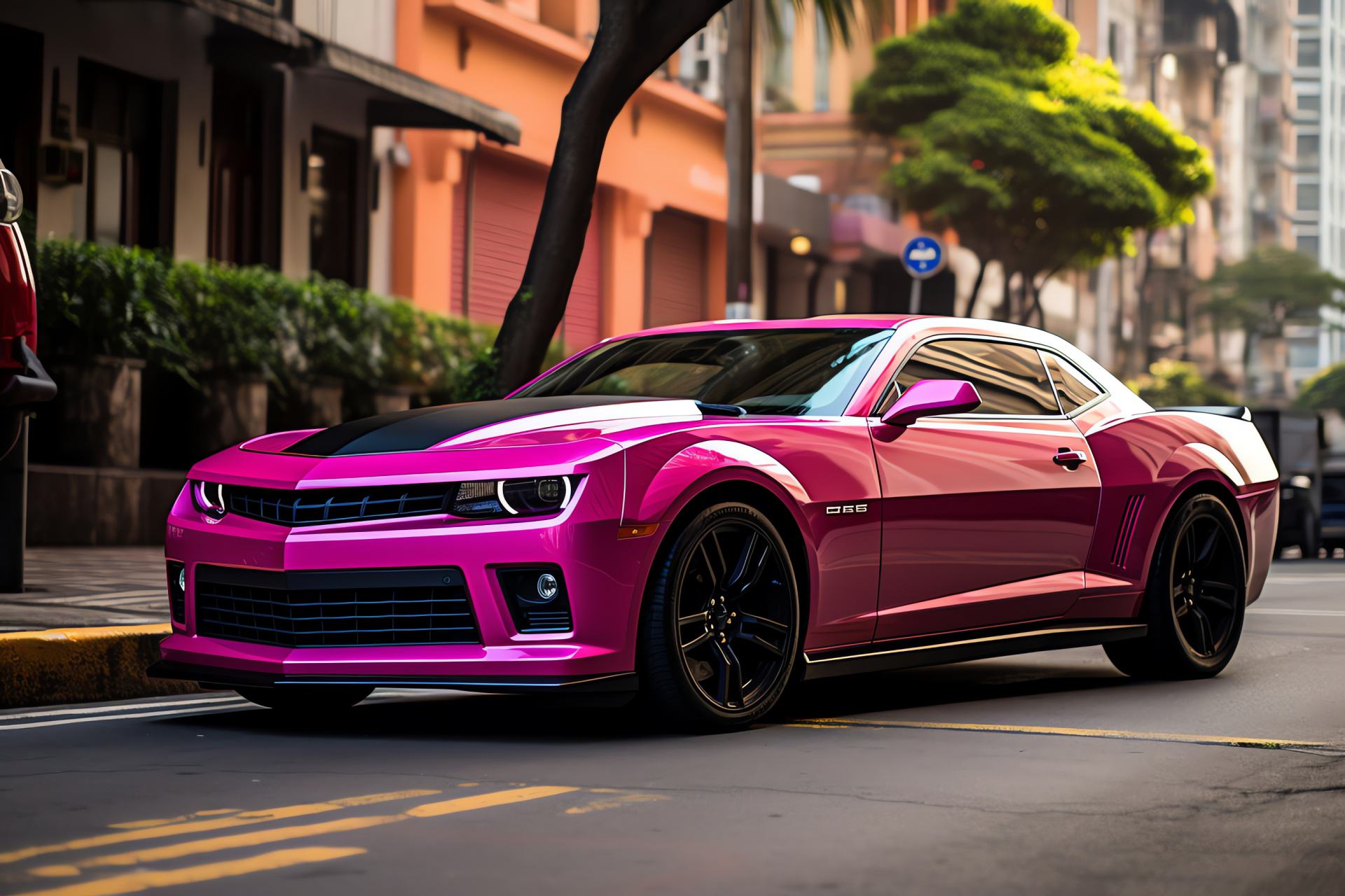 Pink Chevrolet Camaro power, colorful Rio setting, renowned V8 engine, festive architectural tones, iconic Redeemer statue, HD Desktop Wallpaper