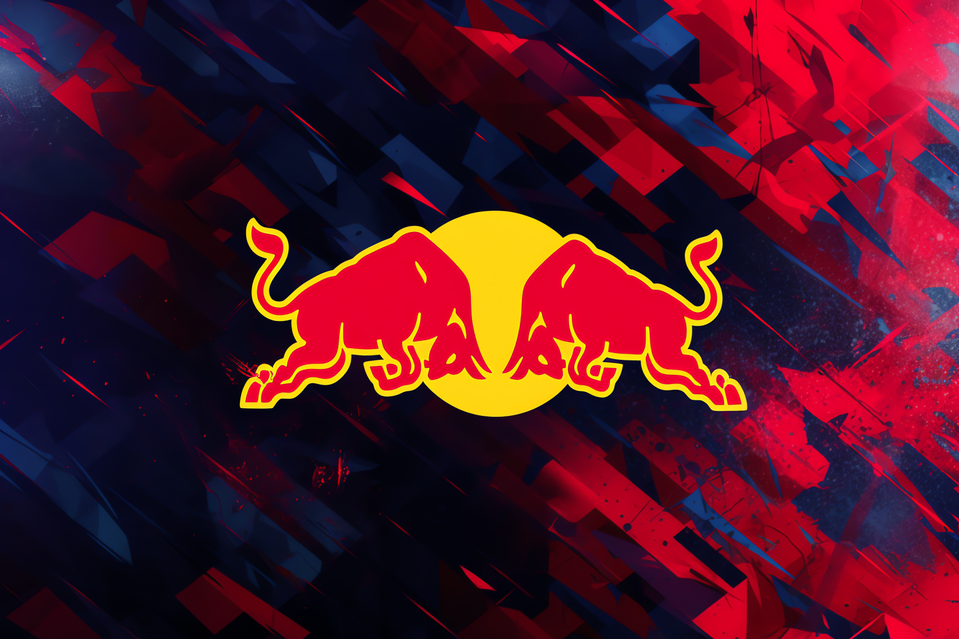 Red Bull dynamic insignia, Aggressive bull motif, Abstract backdrop design, High-energy branding elements, Geometric contrasts, HD Desktop Image