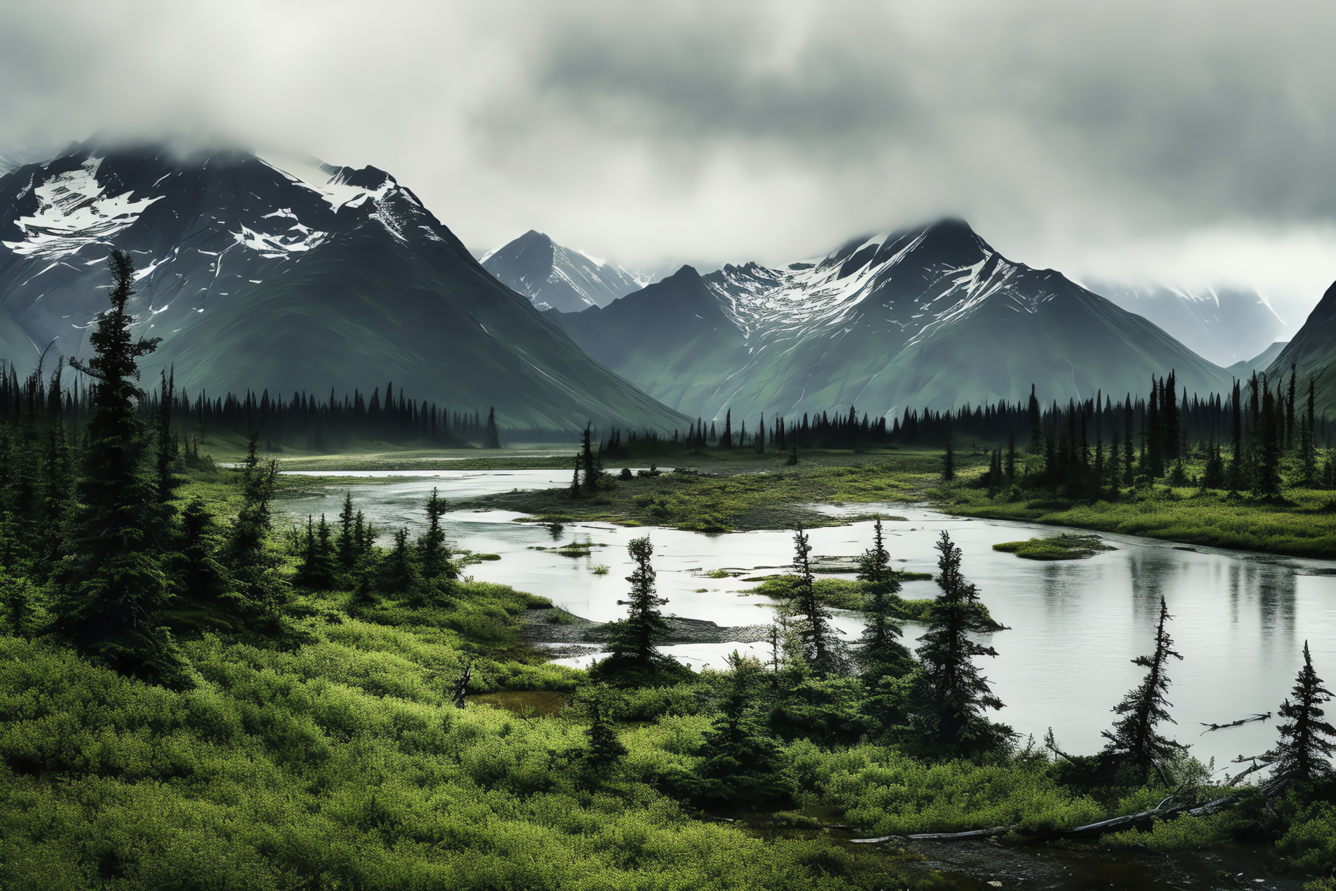 Untouched Alaskan expanse, tempestuous climate, rugged topography, glacial bodies of water, wilderness scents, HD Desktop Wallpaper