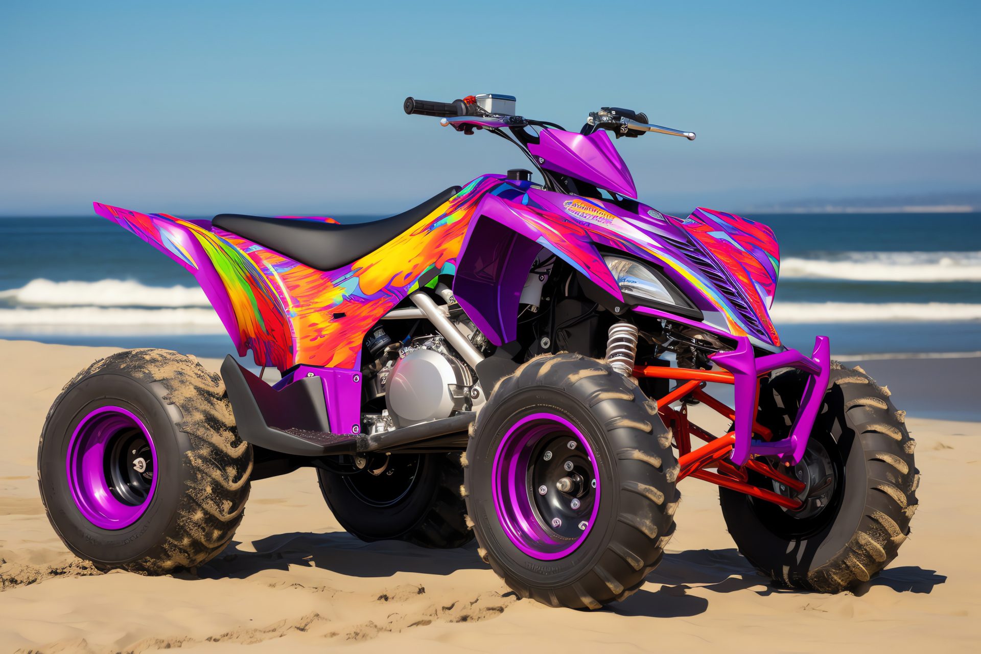 Raptor 700SE ATV, Pismo Beach dunes, Coastal adventure, Neon graphic kit, Oceanic backdrop, HD Desktop Image