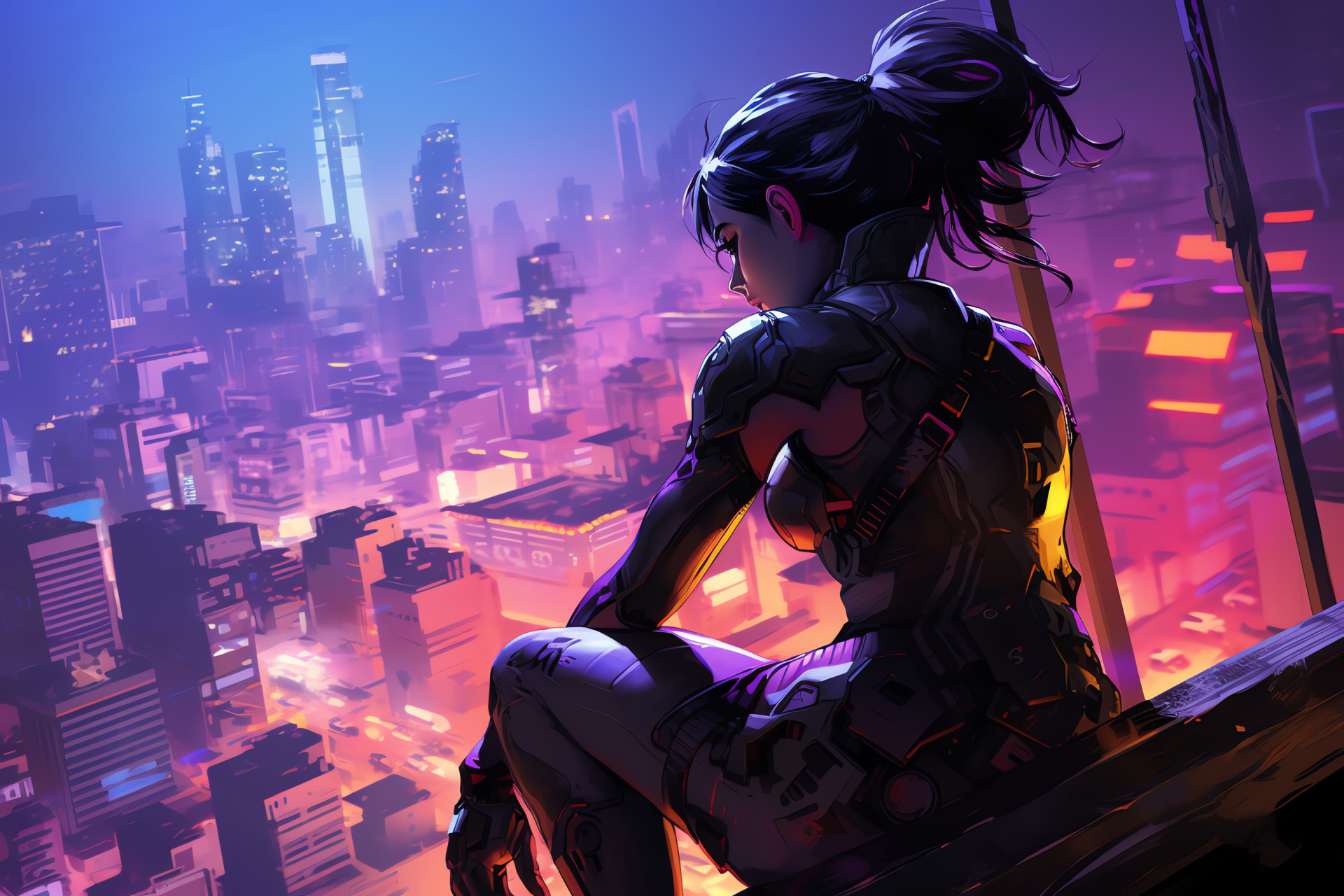 Widowmaker Overwatch vantage, Urban Numbani backdrop, Elevated sniper position, Vivid metropolis lights, Strategic game environment, HD Desktop Wallpaper