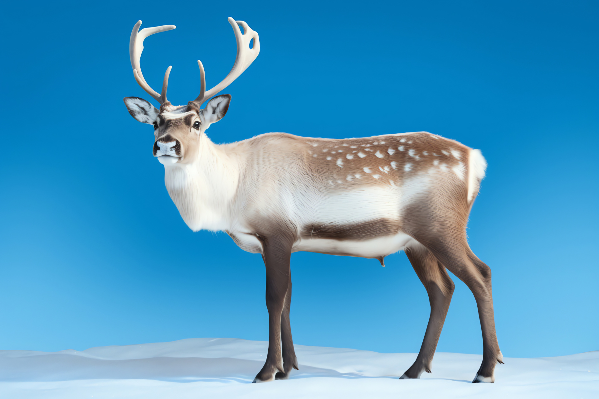 Solitary reindeer, triad backdrop, azure, iridescent eyeballs, cocoa spots, woolly pelted texture, HD Desktop Wallpaper