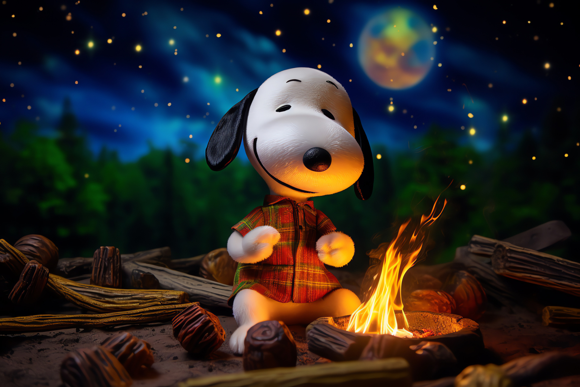 Snoopy July 4th night, Outdoor campfire, Astral sky, Sweet treats, Radiant warmth, HD Desktop Image