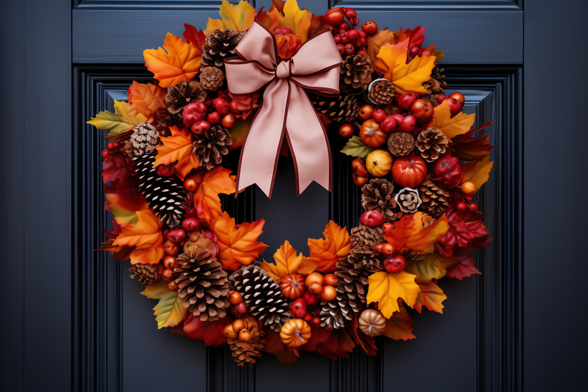 Seasonal door decoration, Thanksgiving wreath, House entrance, Maple leaf clusters, Coniferous decorations, HD Desktop Image