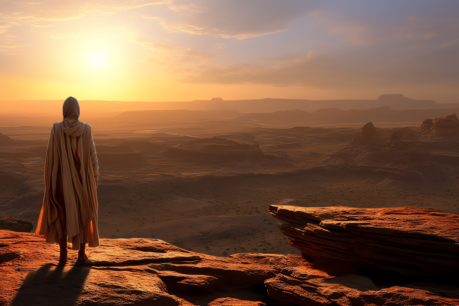 Rey Star Wars ensemble, Pure Jedi attire, Barren escarpment, Deserted scenery, Skywalker homestead, HD Desktop Image