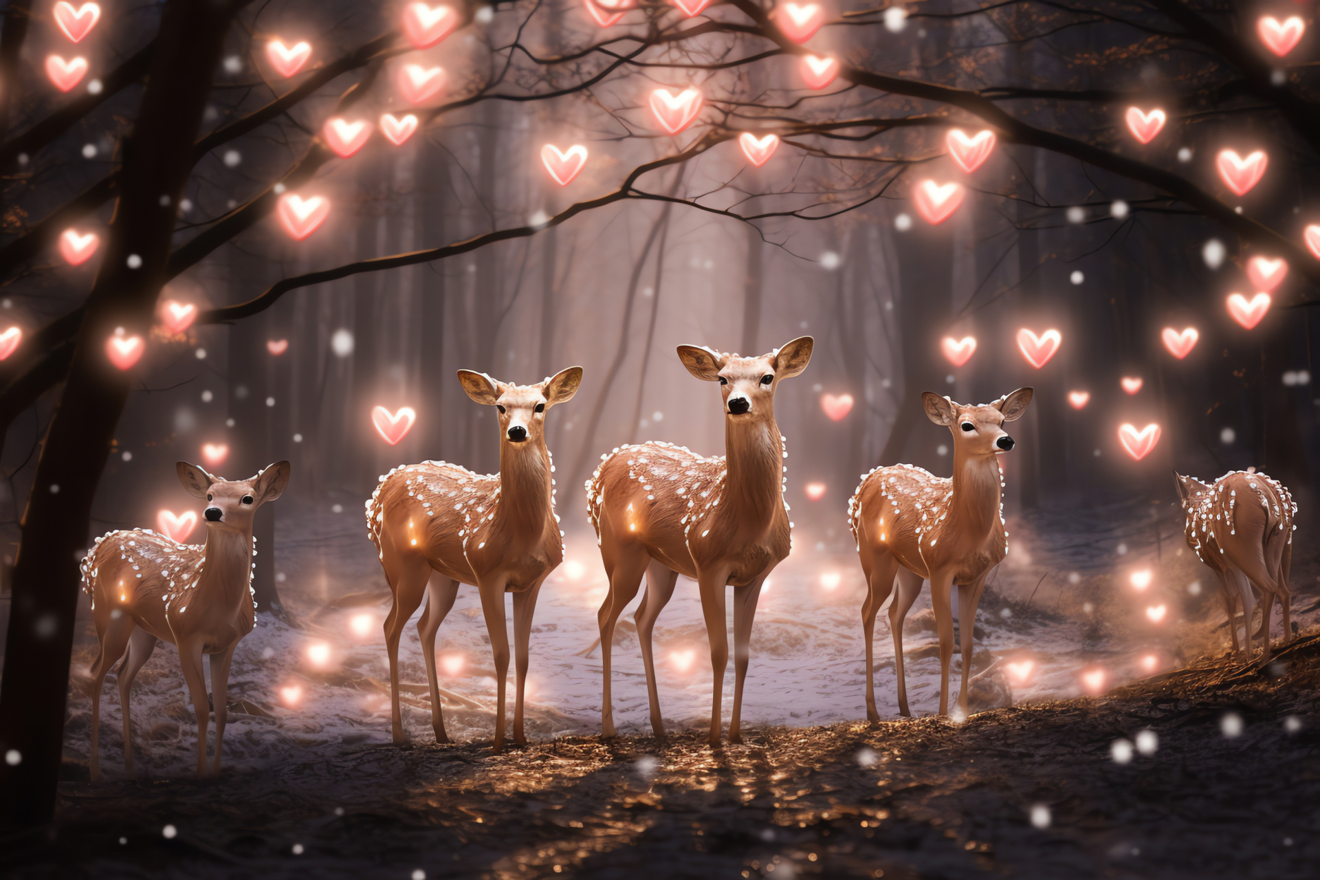 Enamored stag, Heart-shaped ornamentation, Enchanted woodland, Illuminating strands, Whimsical ambiance, HD Desktop Image