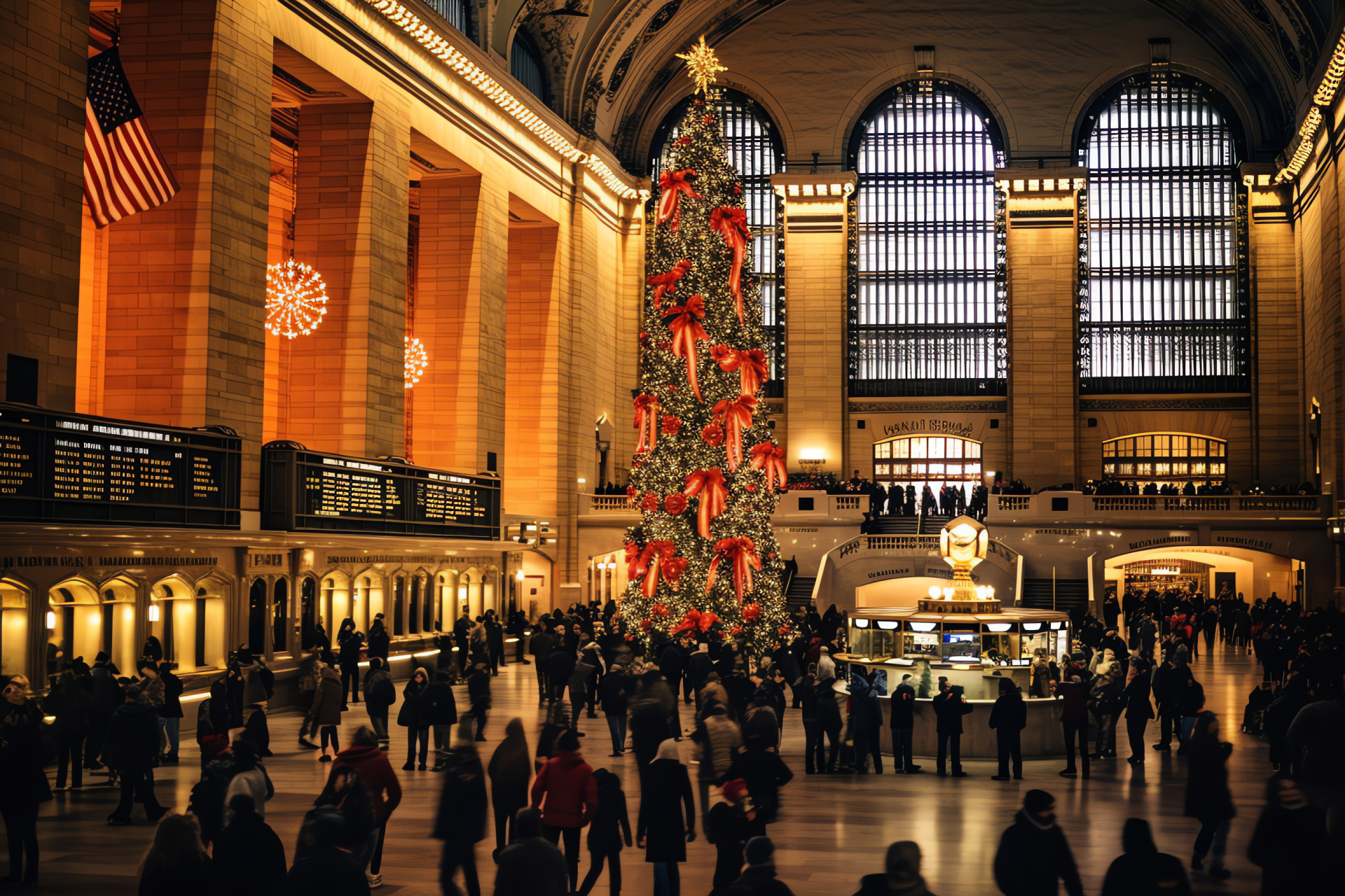 Grand Central holiday busy scene, Yule tree majesty, Ribboned festive trim, Seasonal traveler hub, Historic terminal clock, HD Desktop Image