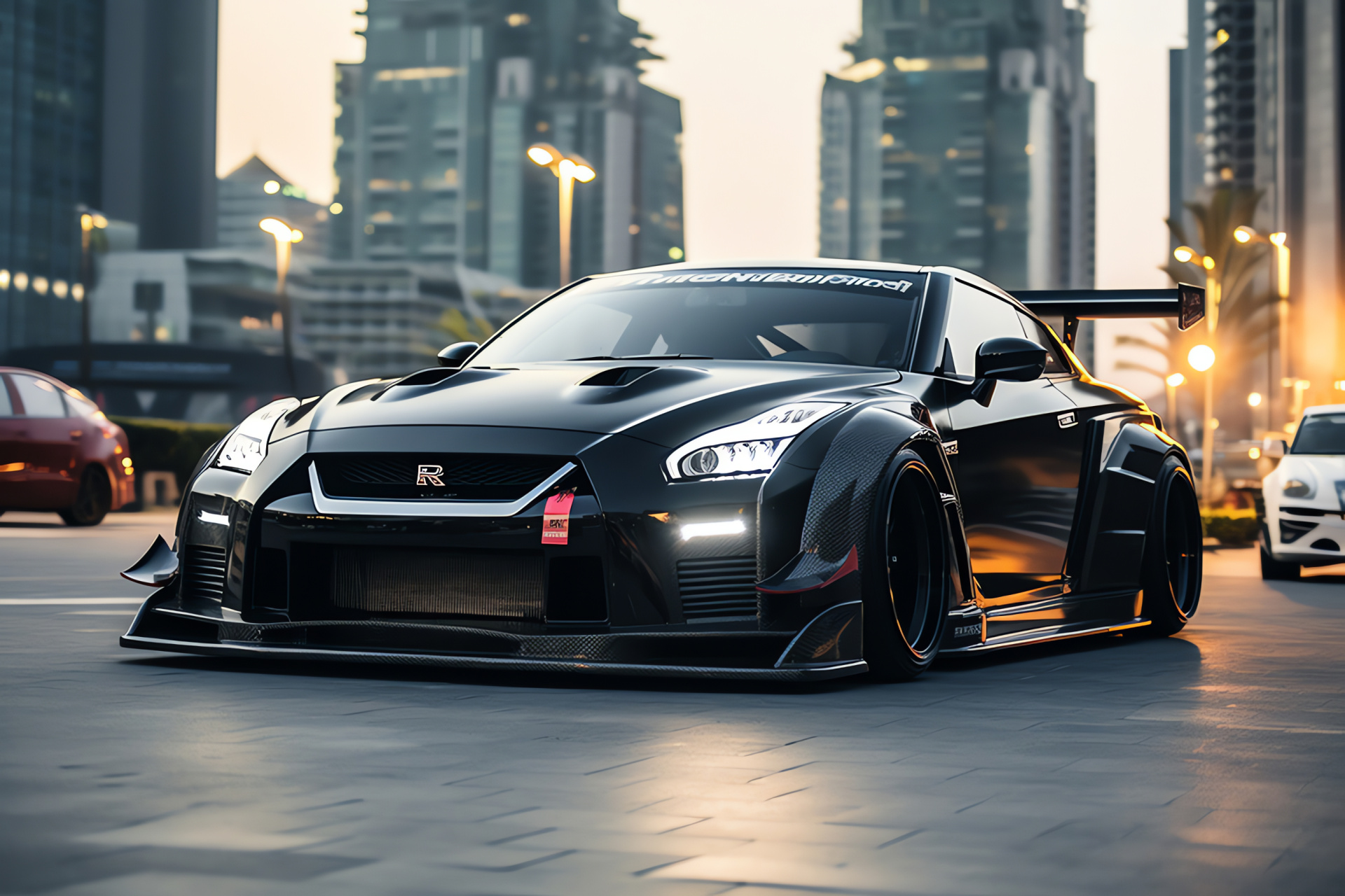 Nissan GTR R35 Dubai trip, Liberty Walk bodywork, Skyline performance, Futuristic skyline, UAE luxury, HD Desktop Image