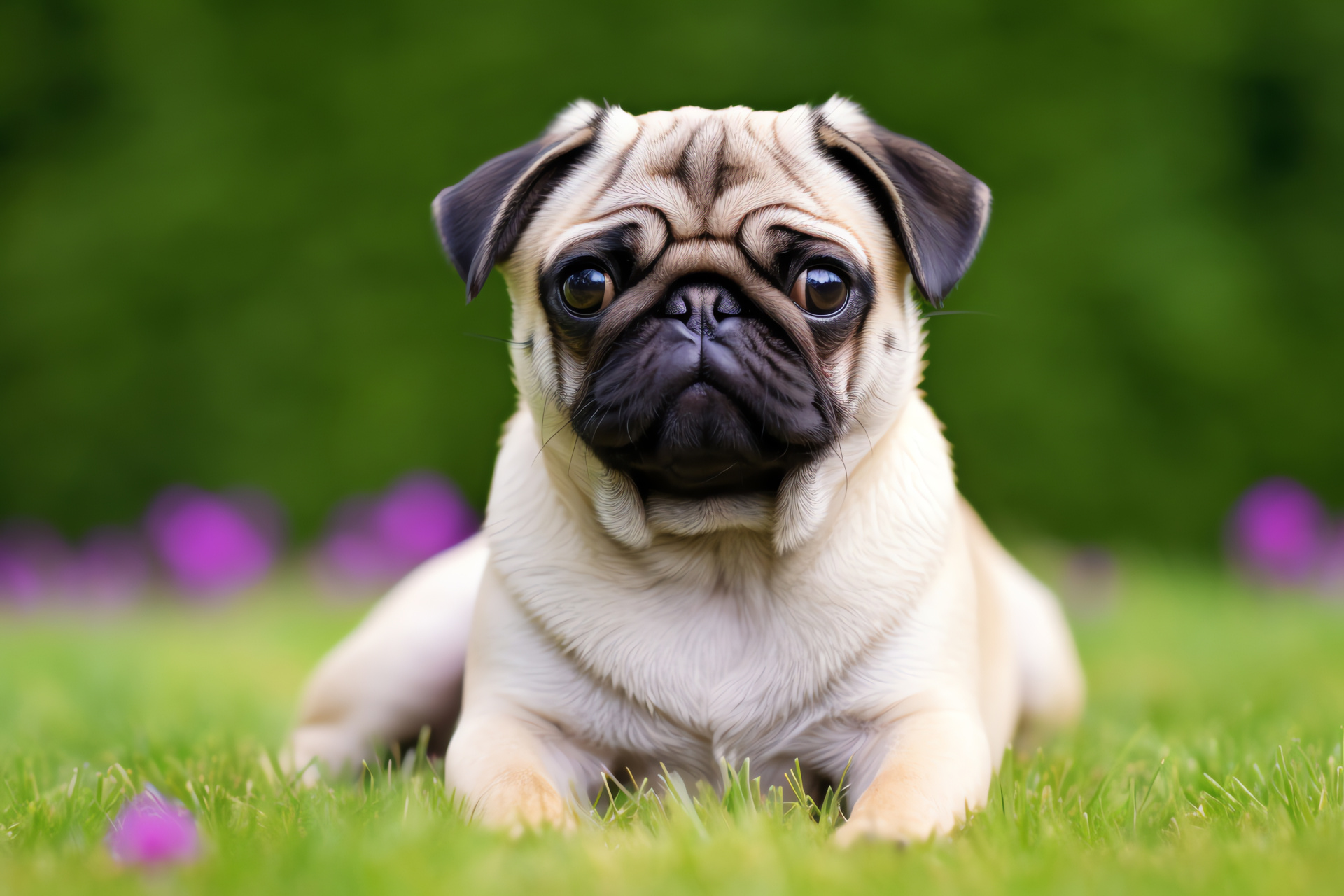 Pug visage, canine fawn coat, soothing pose, monochromatic purple field, HD Desktop Image