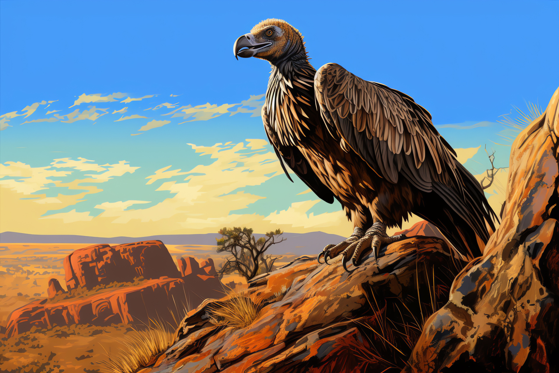 Rppell's Vulture, scavenger species, piercing gaze, raptorial bird panorama, African skies, HD Desktop Image