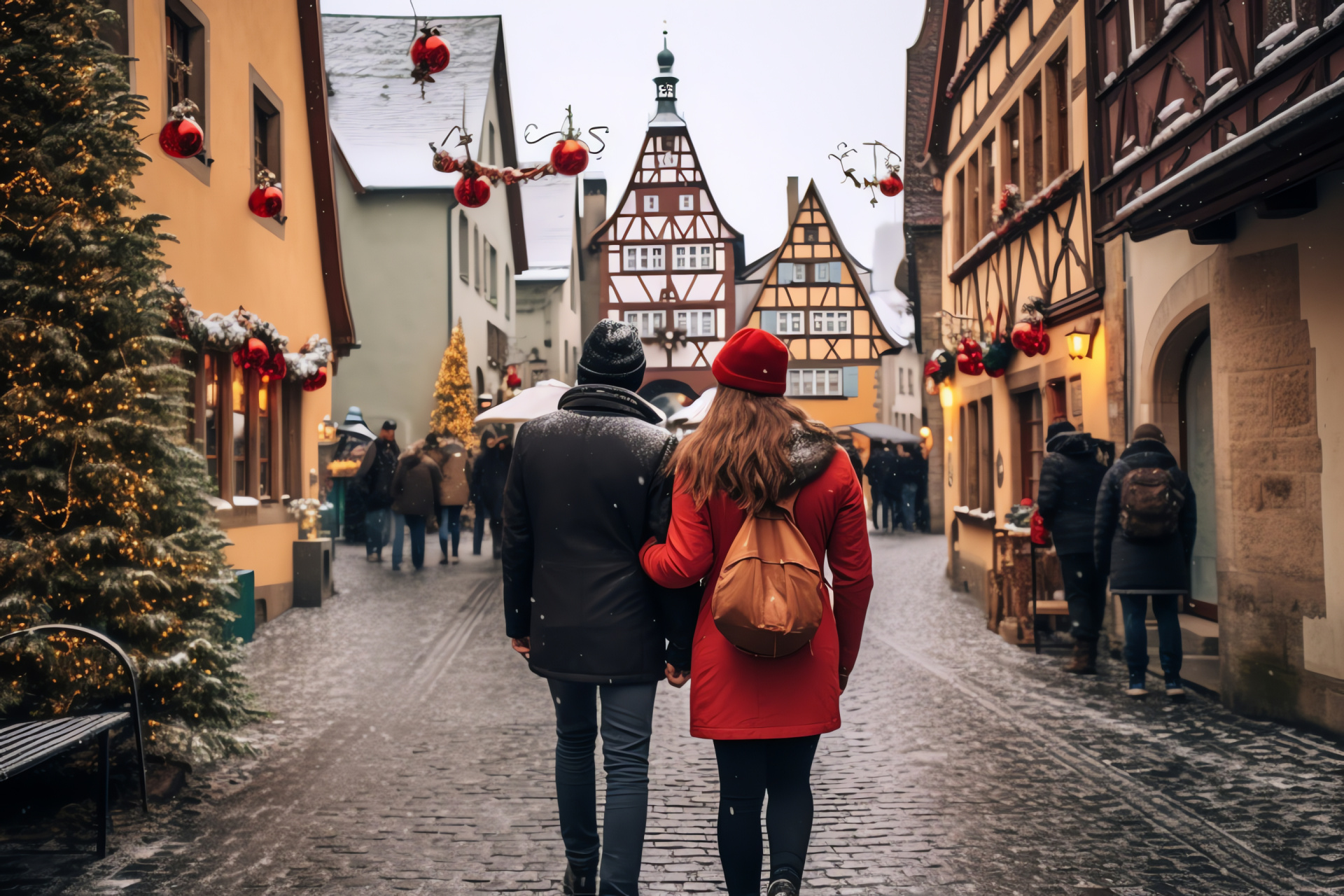 Traditional Christmas ambiance, Rothenburg ob der Tauber scenery, German medieval structures, Yuletide decorations, stone pavement, HD Desktop Image