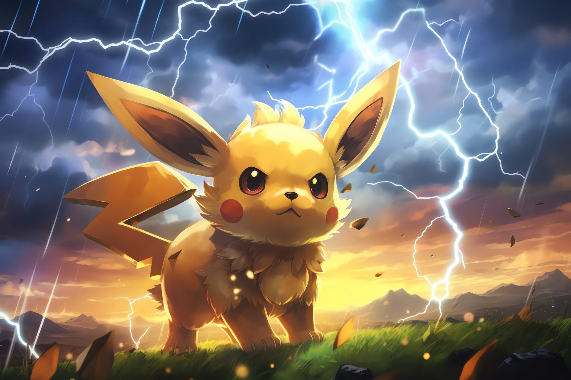 Energetic Raichu, Pokmon battle pose, Electric-type move, static discharge, overcast skies ambiance, HD Desktop Image