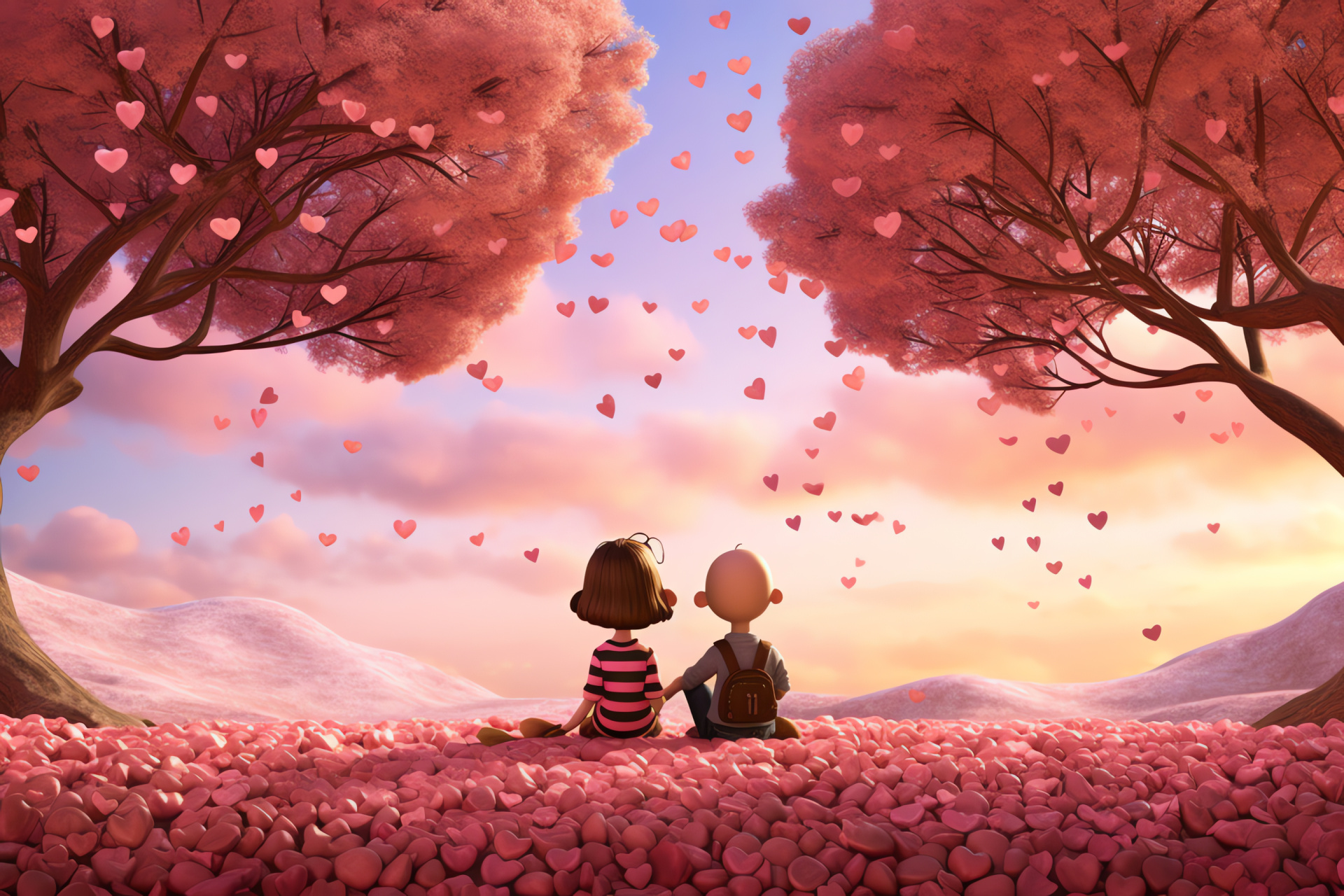 Cartoon Valentine's, Peppermint picnic, Flora romance, Pink clouds, Love-filled retreat, HD Desktop Image