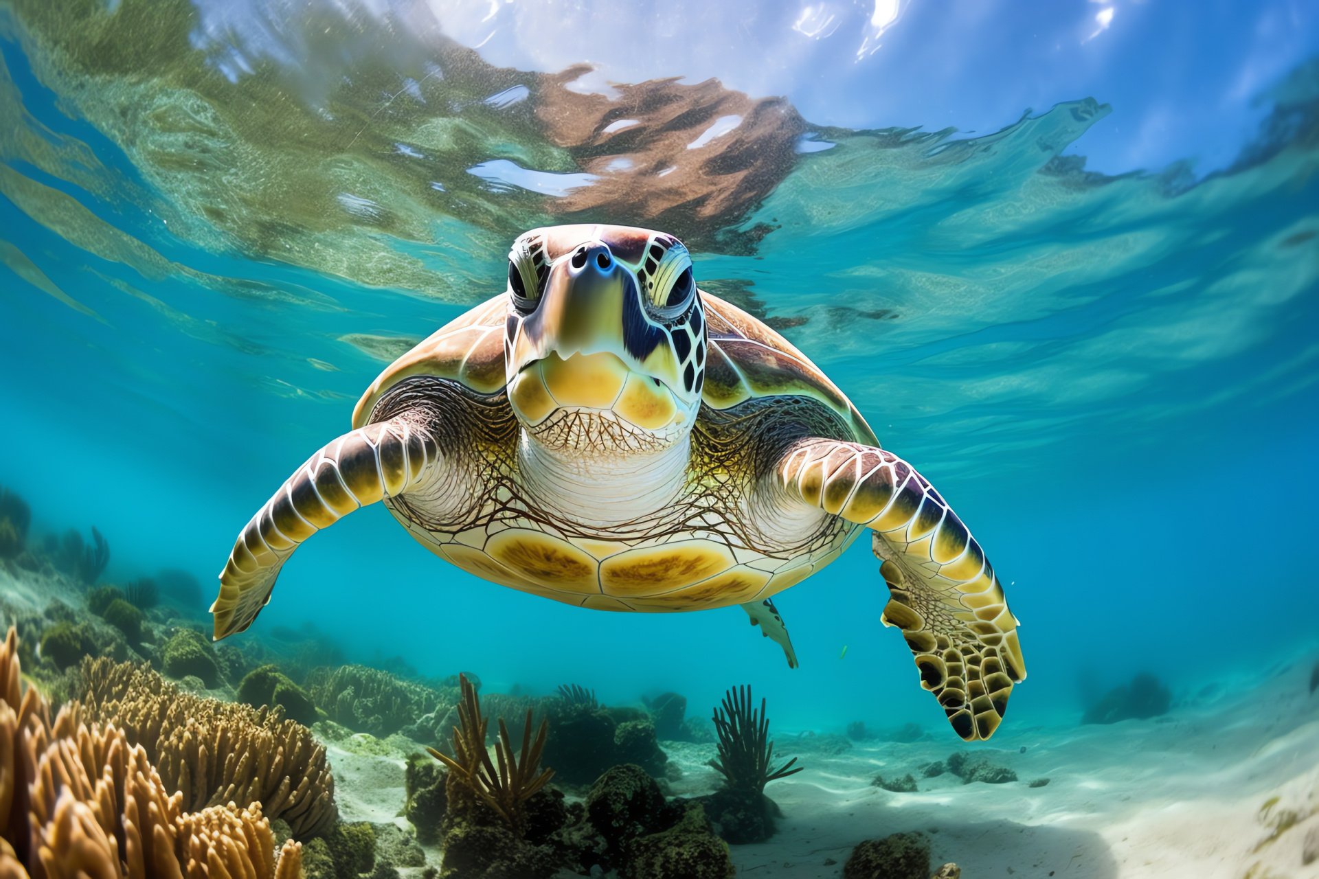 Sea turtle, Caribbean marine life, coral reef ecology, marine conservation, aquatic migration, HD Desktop Wallpaper