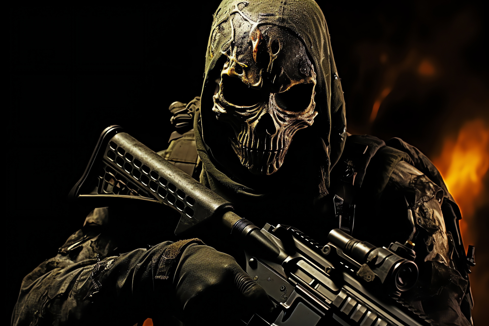 Scarecrow MW3 trooper, Heavy armament, Soldier's mask, On-guard posture, Combat surroundings, HD Desktop Image