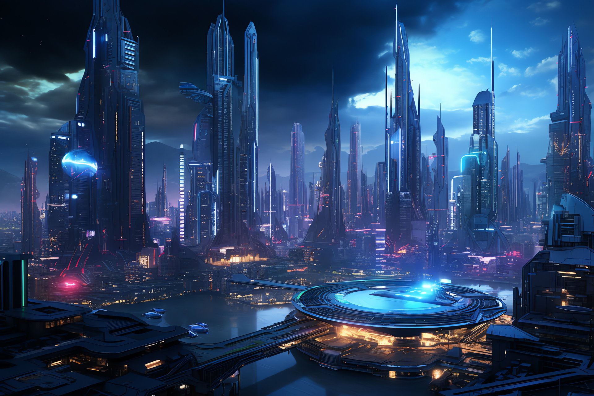 Cosmic urban artwork, Future metropolis, Elevated transit, Mechanized walkers, Expansive scope, HD Desktop Wallpaper