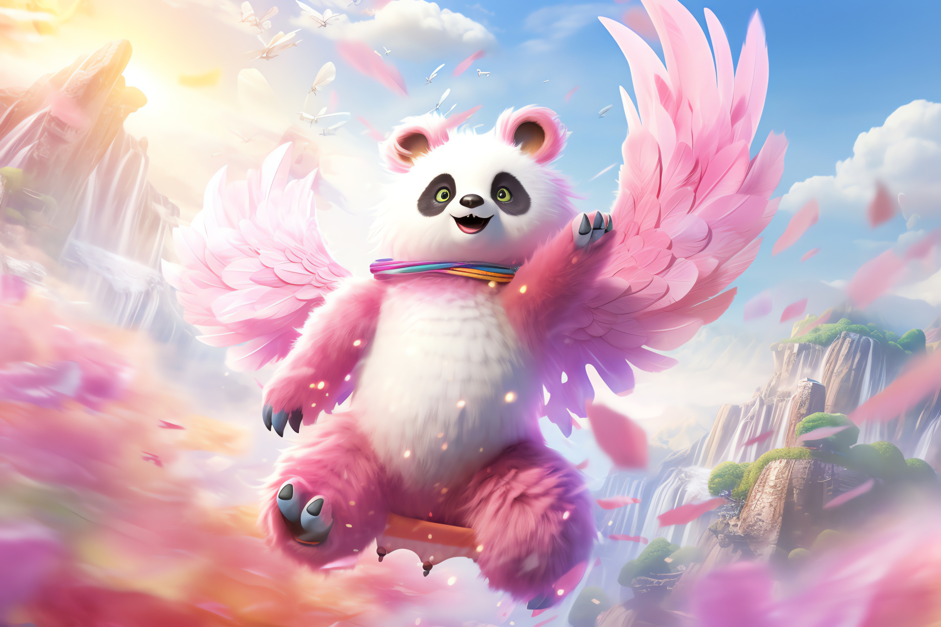 Fantasy panda, spectrum fur coat, dreamy appendages, playful environment, sky isle fantasy, HD Desktop Image