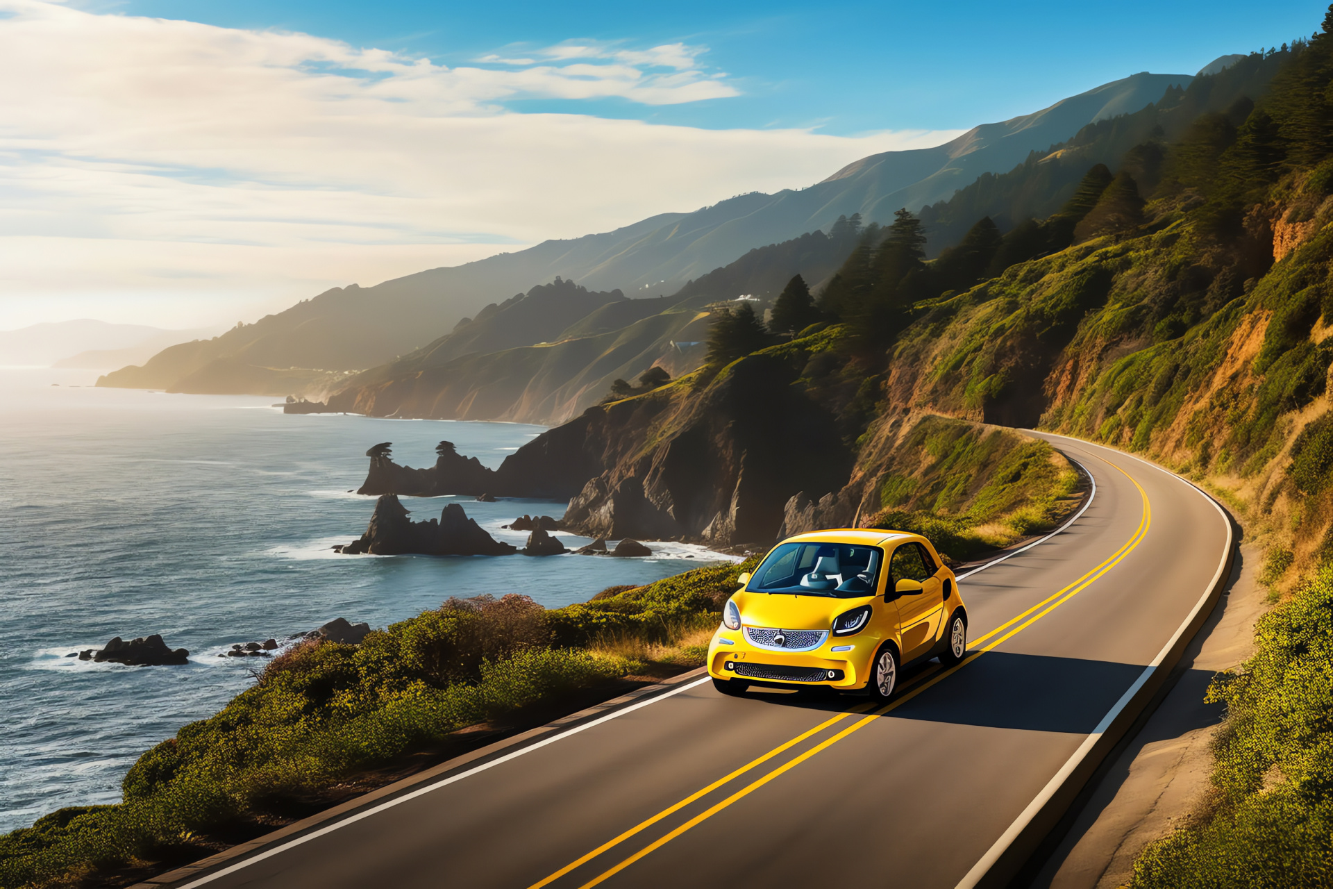 Smart Car California coast, Zero-emissions travel, Scenic seaside drive, High visibility color, Cliffside highway journey, HD Desktop Image