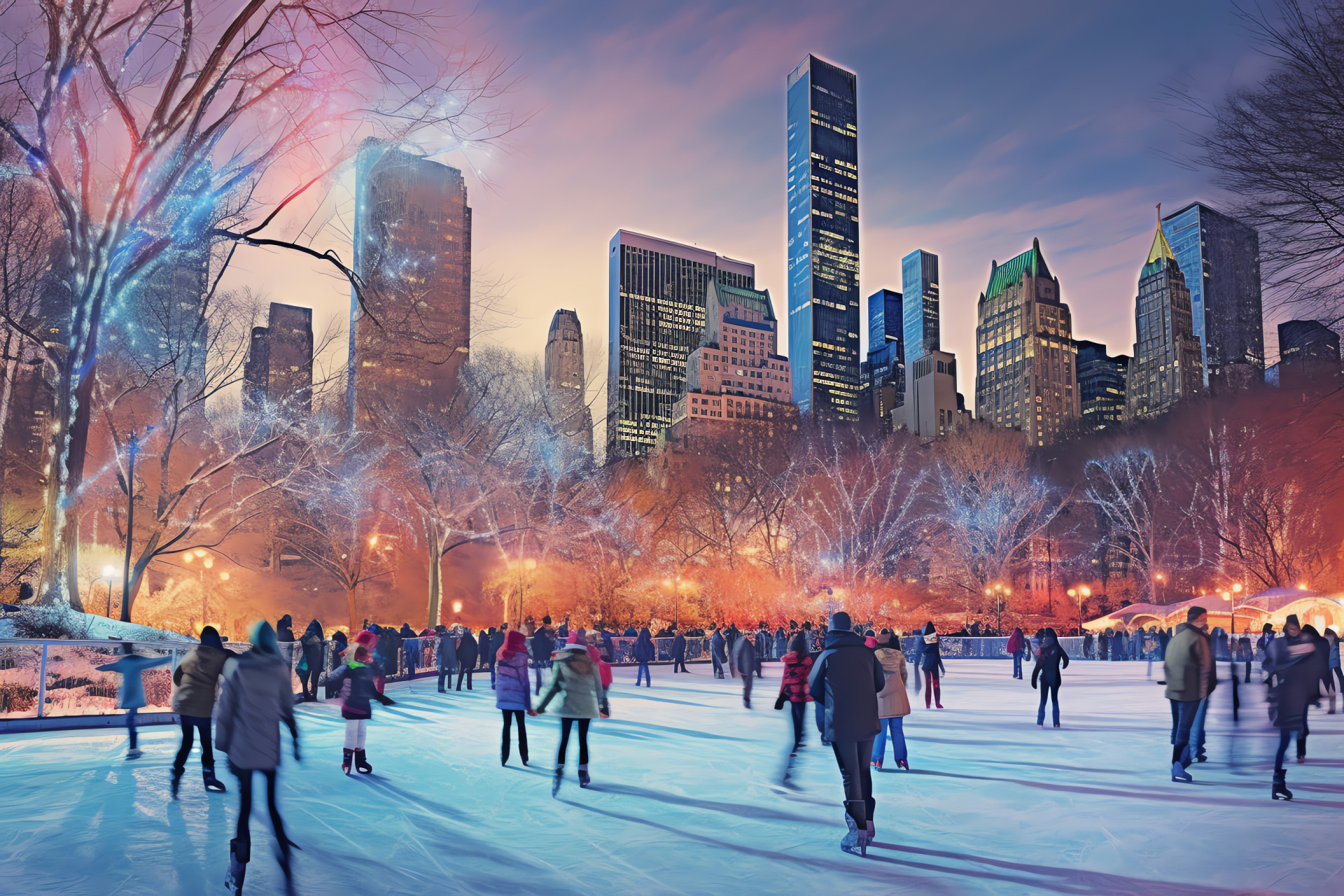 Manhattan's winter romance, Ice-skating Central Park, Urban nature contrast, Decorated scape beauty, Holiday sparkle, HD Desktop Wallpaper