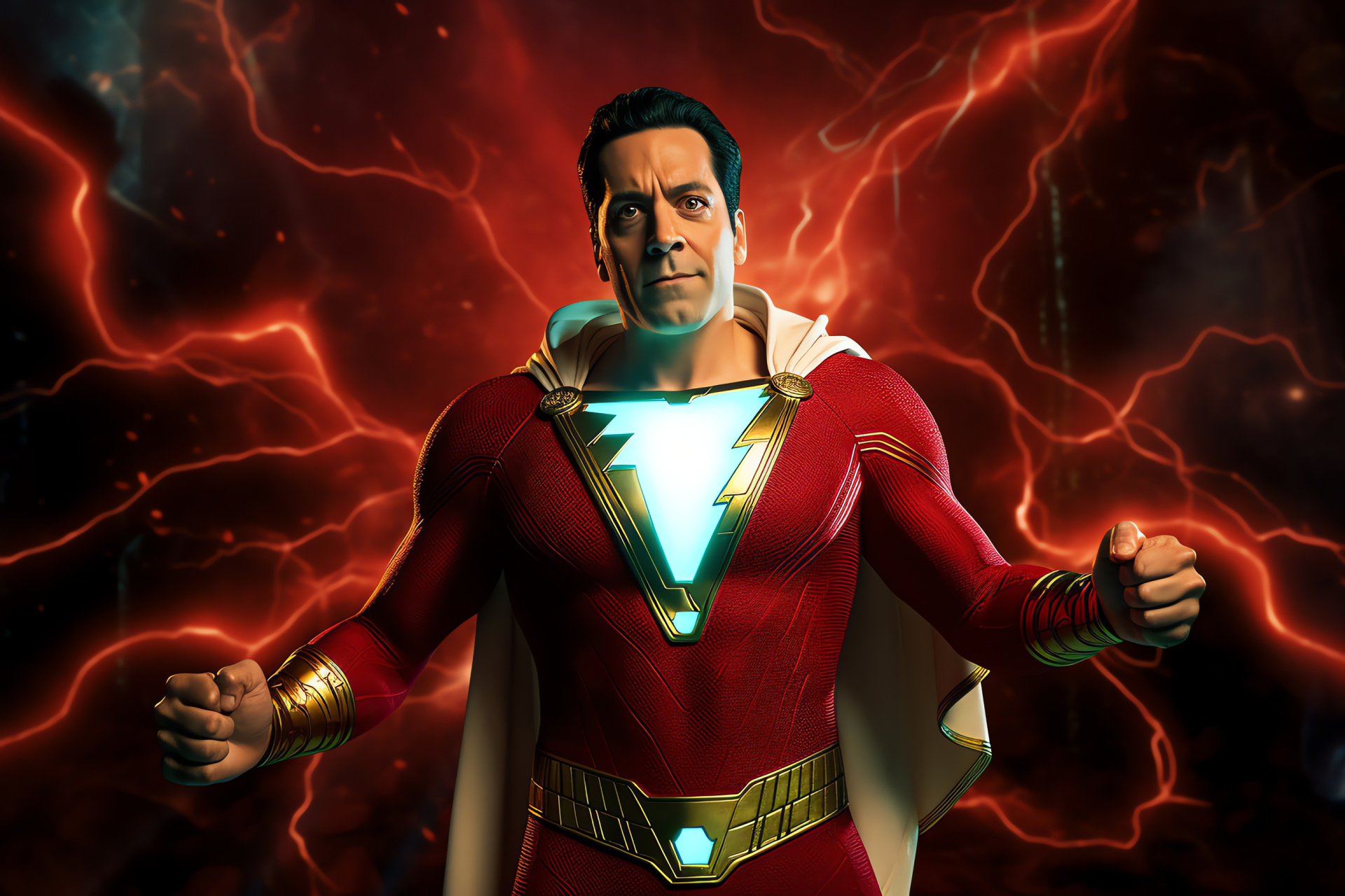 Shazam superhero stance, DC Comics character, Courageous demeanor, Vibrant superhero costume, Superpower visualization, HD Desktop Image