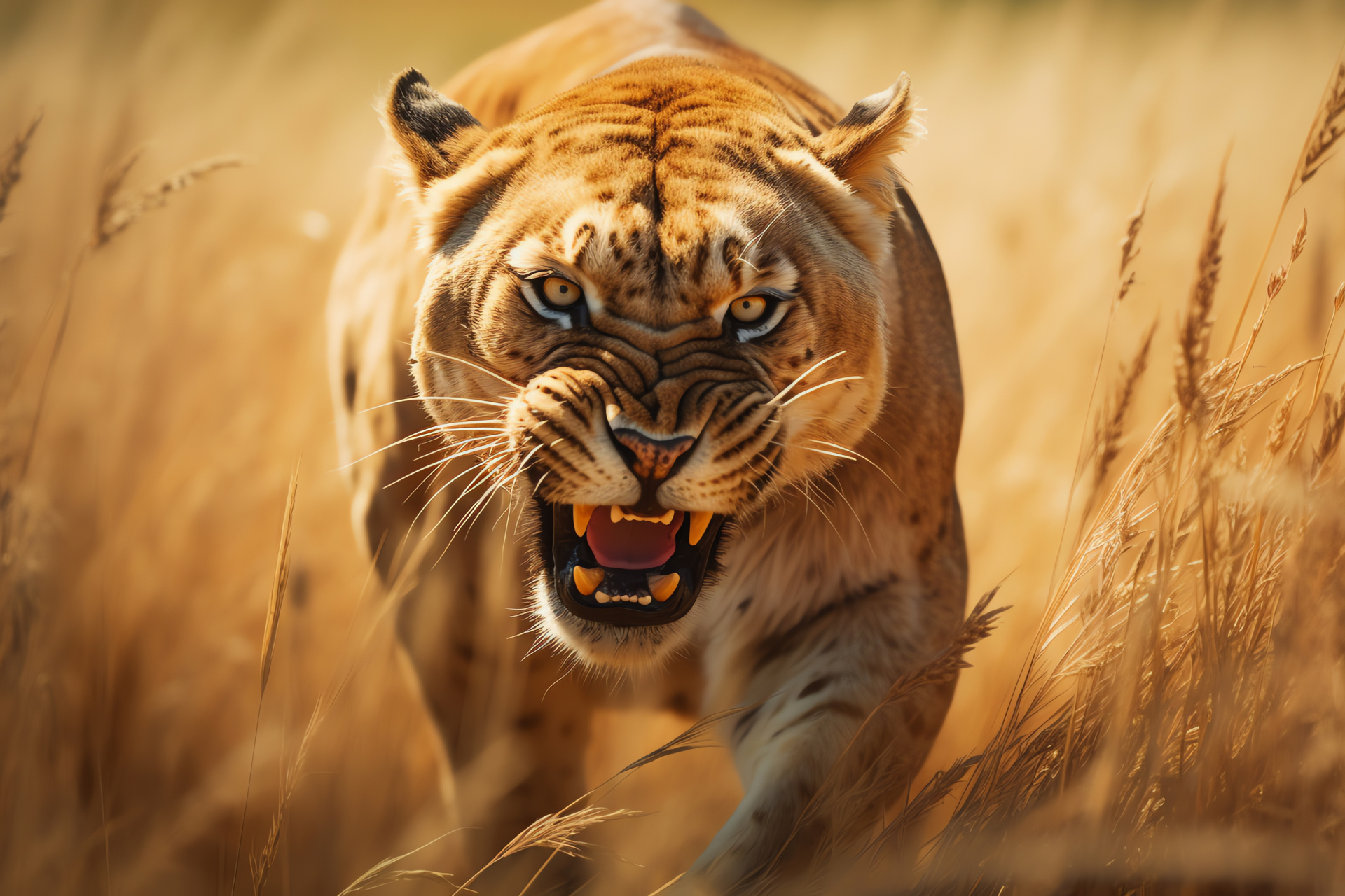 Feline Saber Tooth, Predatory extinct mammal, Prehistoric fauna illustration, Savannah ecosystem hunter, Deep-toned fur, HD Desktop Image