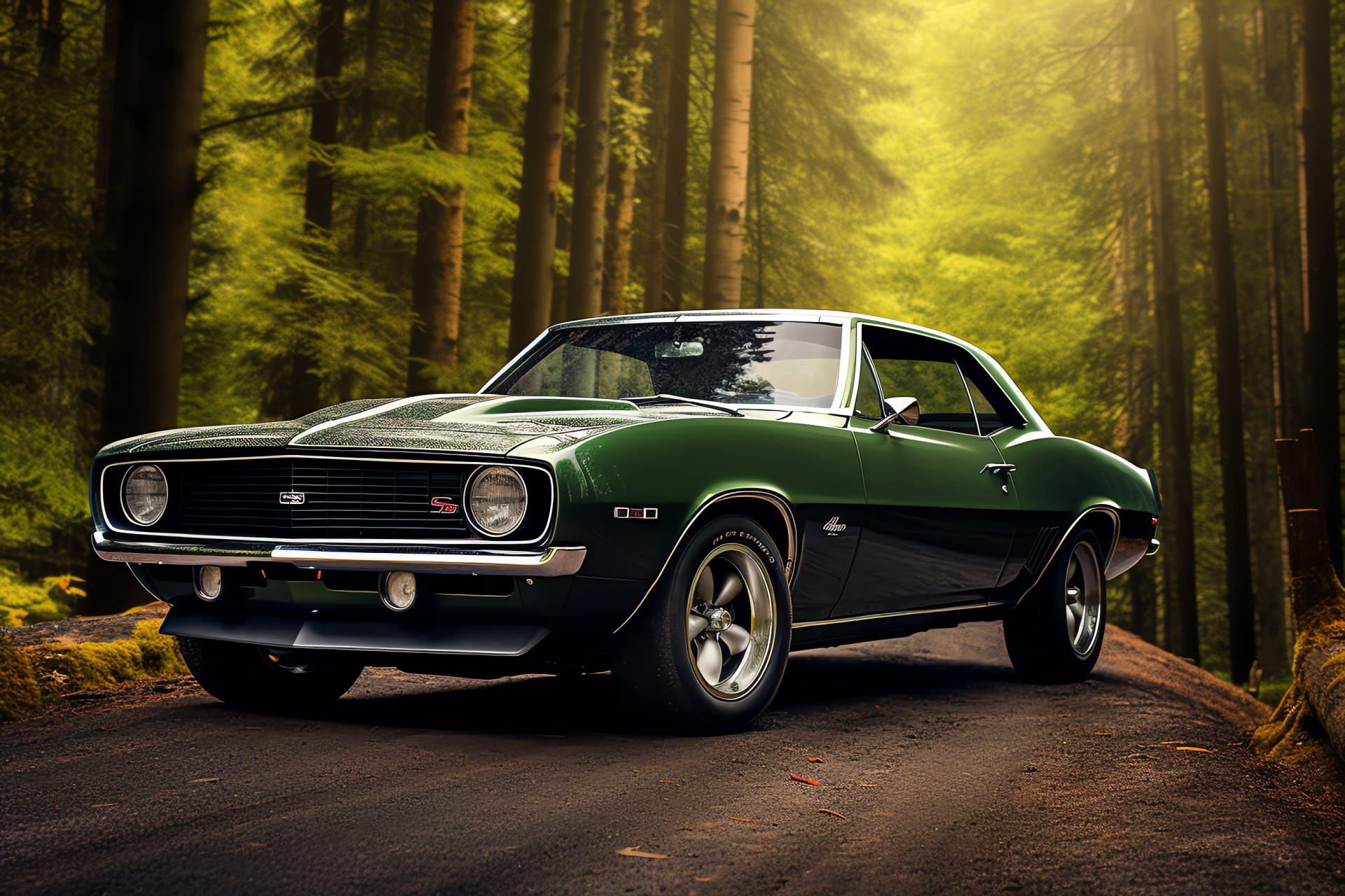 Forest-framed muscle car, rugged American auto, green paint brilliance, outdoor auto escape, powerful vehicle, HD Desktop Wallpaper