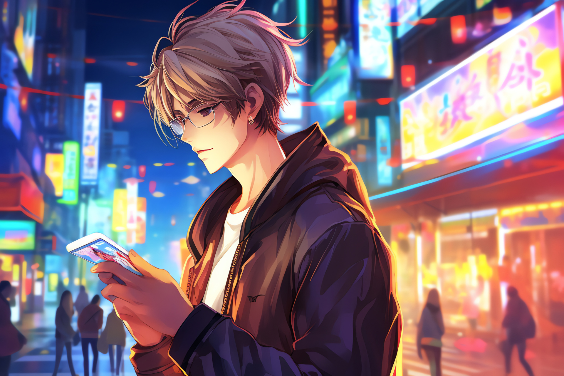 Mystic Messenger Protagonist, Energetic gameplay moment, Urban setting, Mobile interaction, Main character, HD Desktop Image