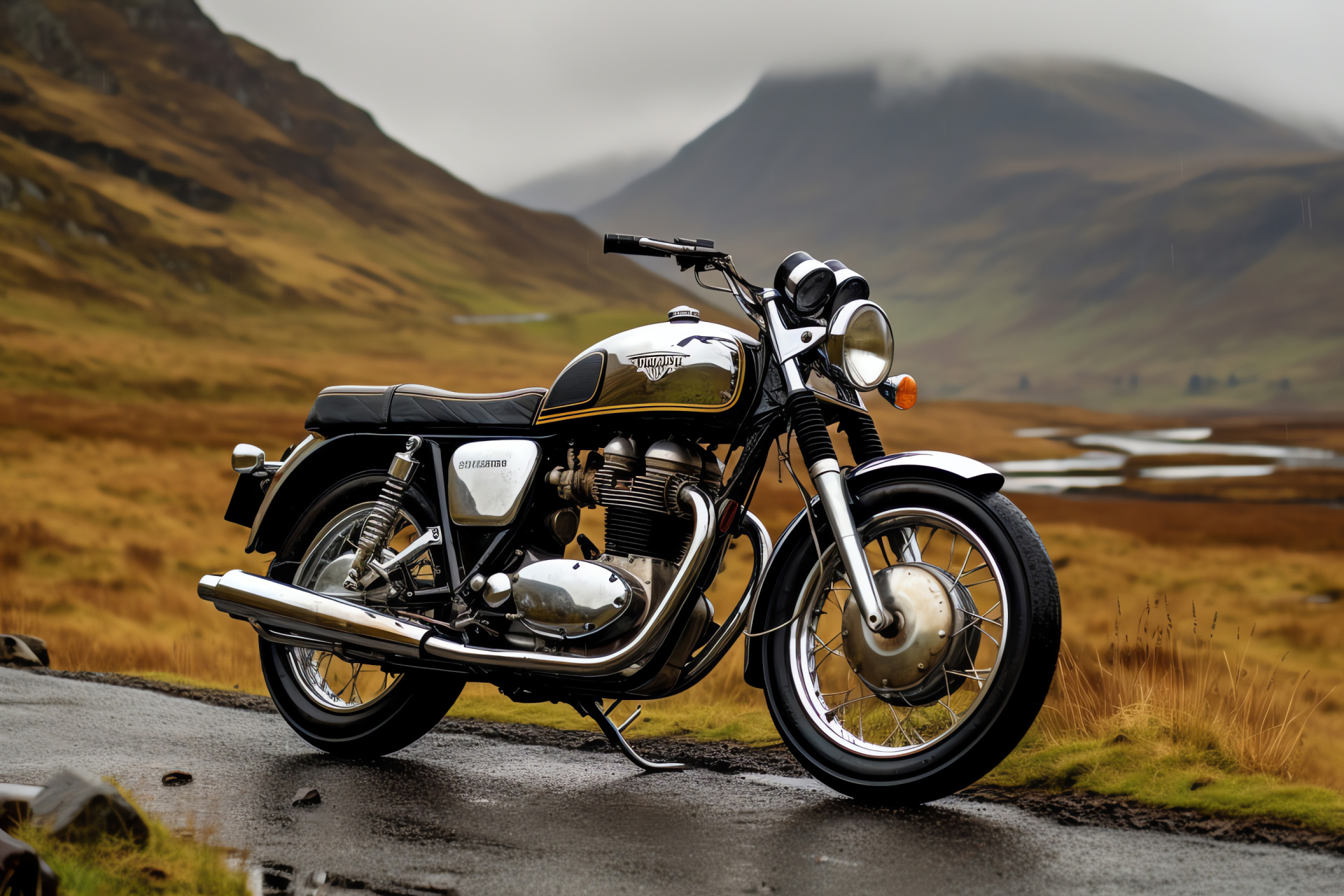 Norton Commando motorcycle, Scottish Highlands touring, Classic bike chrome details, Rugged Scottish scenery, Legendary British motorcycle, HD Desktop Image