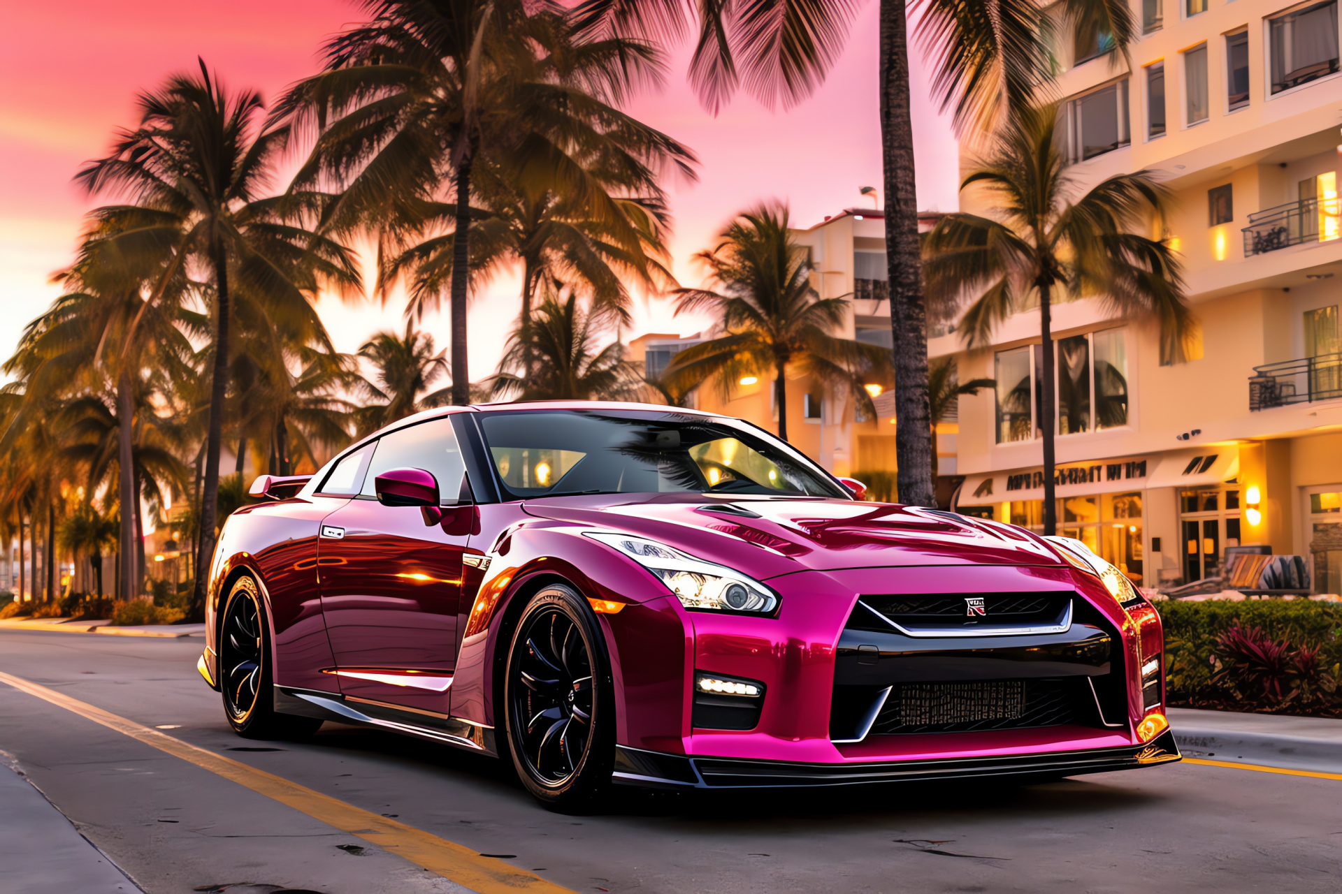 Nissan GTR, Miami's Ocean Drive, coastal road, historic architecture, city charisma, HD Desktop Image