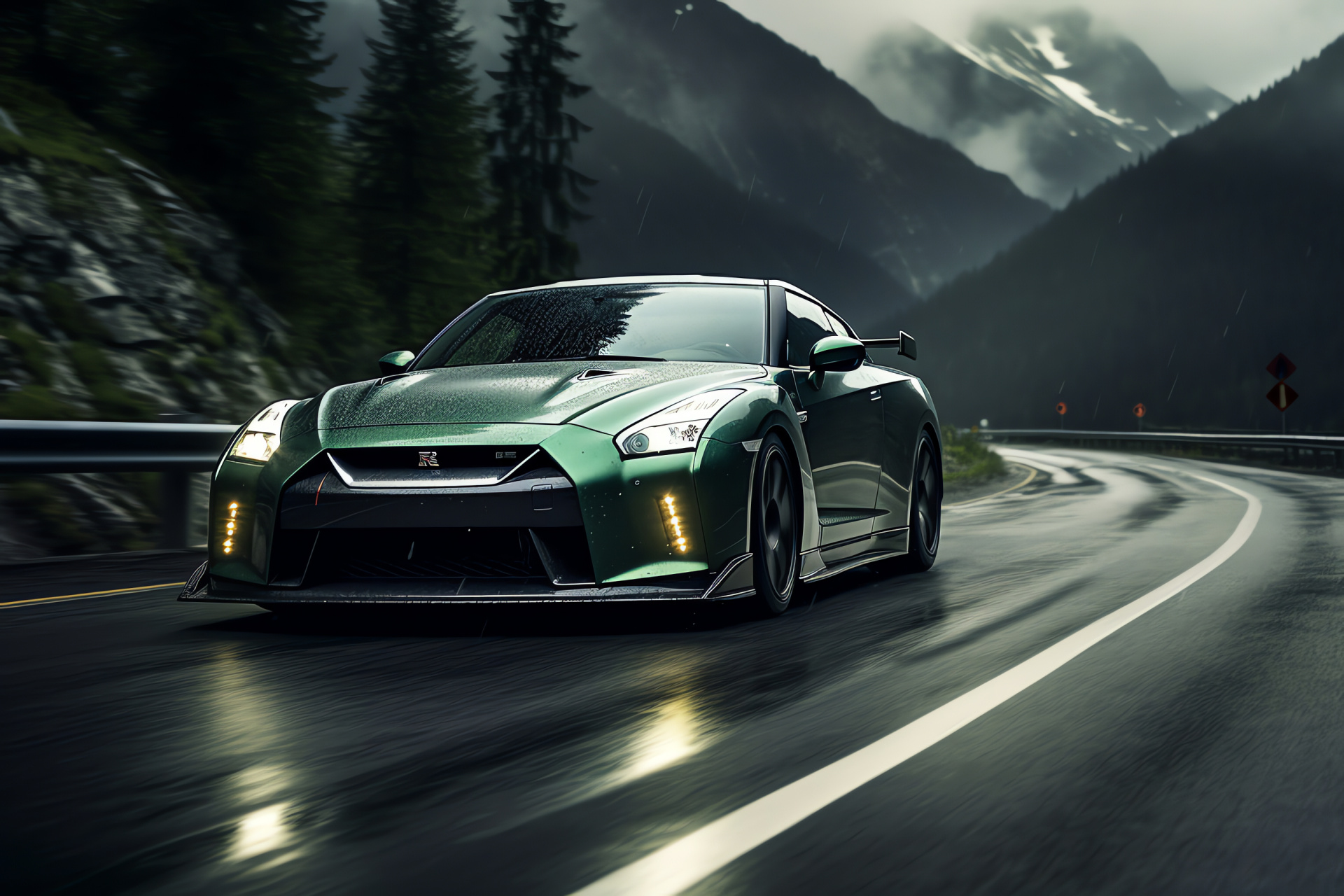 Nissan GTR R35 Alpine, Mountainous scenery, Swiss engineering, S-shaped curves, Engine prowess, HD Desktop Wallpaper