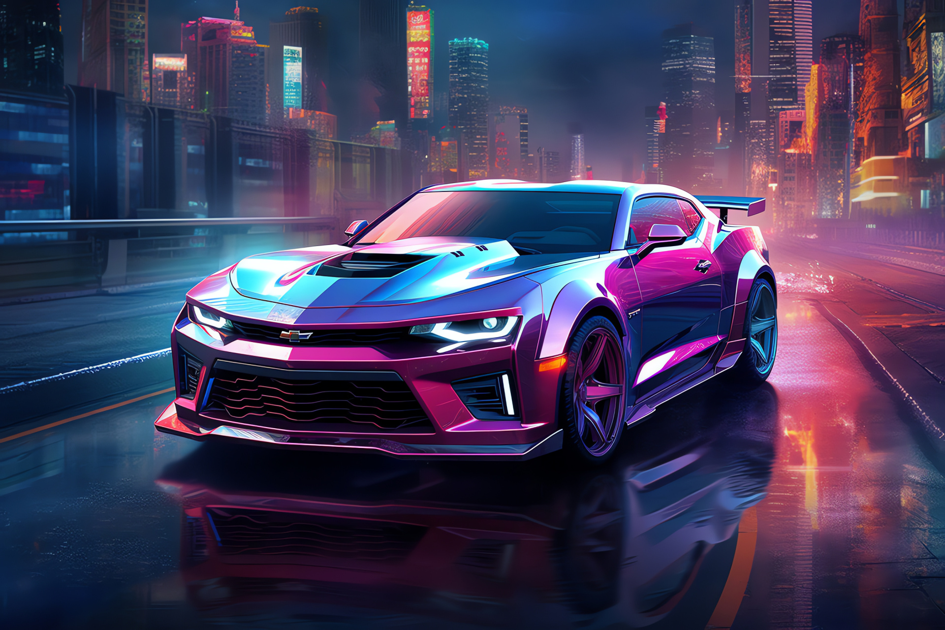 Camaro ZL1 night racer, Cyberpunk city immersion, 1LE track capabilities, Neon city atmosphere, High-performance design, HD Desktop Wallpaper