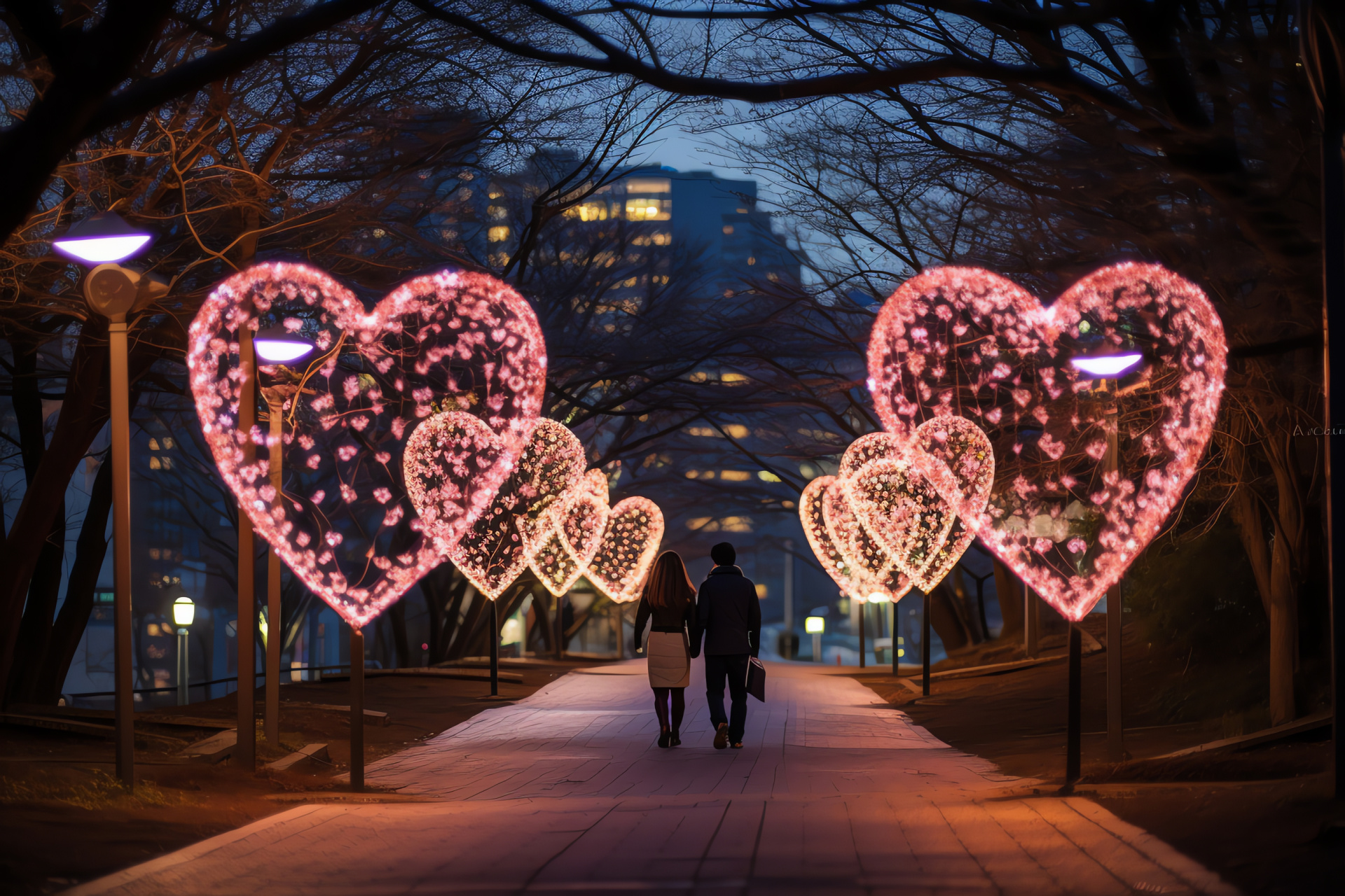 Valentine park scene, Enchanting heart decor, Twinkling illumination, Florals in bloom, Romantic walkway, HD Desktop Image