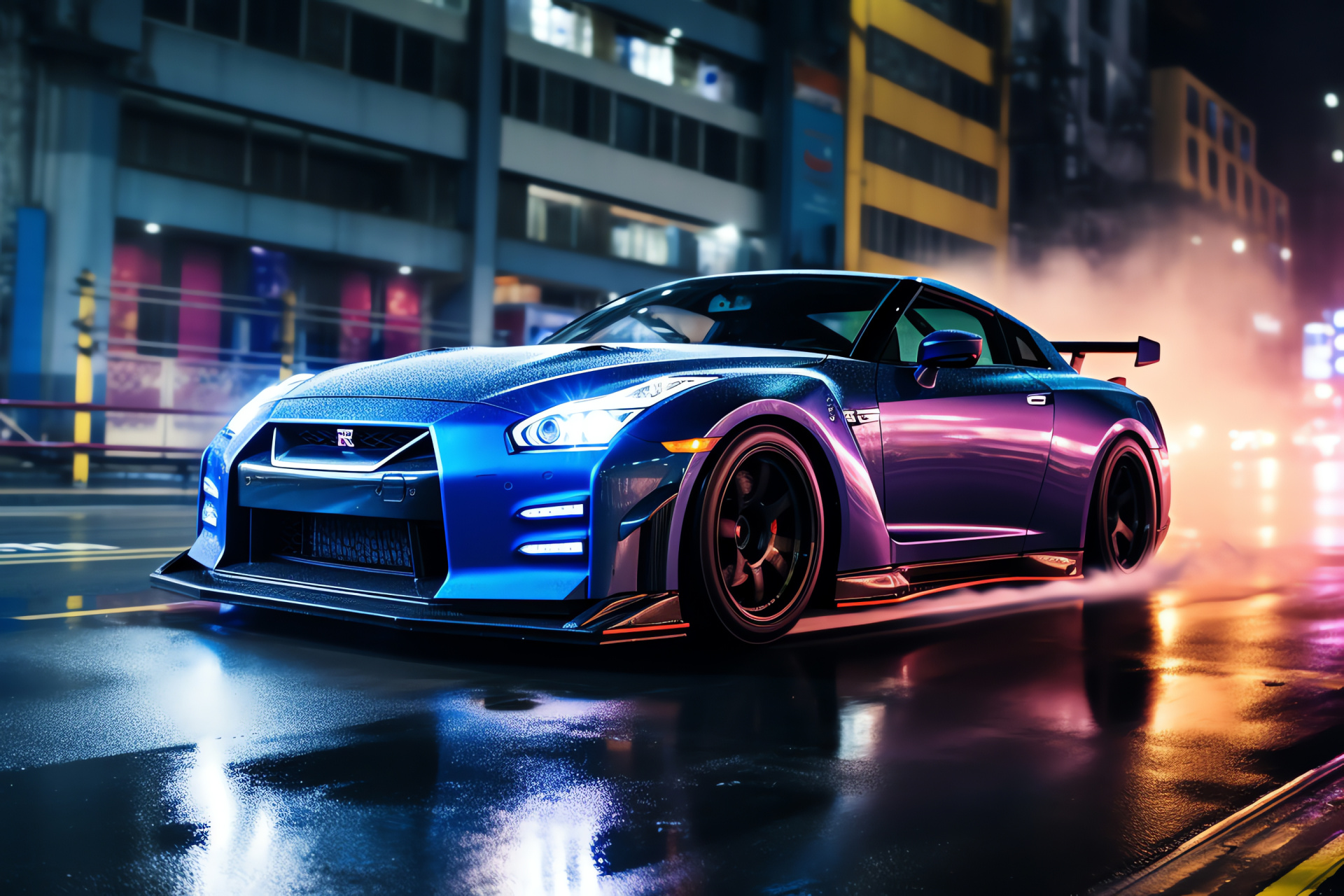 Nissan GT-R Nismo, Tokyo streets culture, Neon-lit urban environment, Precision drifting action, Japanese sports car, HD Desktop Image