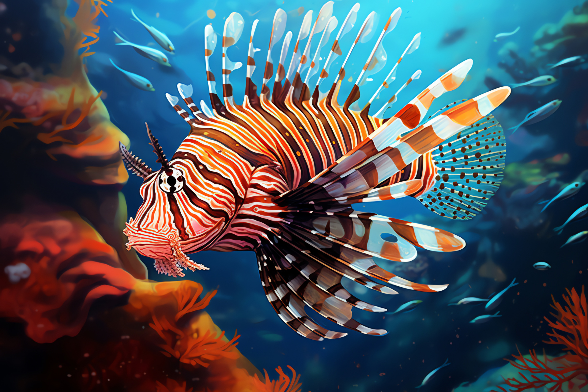 Lionfish species, Venomous marine animal, Coral reef inhabitant, Underwater diversity, Yellow eyed, HD Desktop Wallpaper