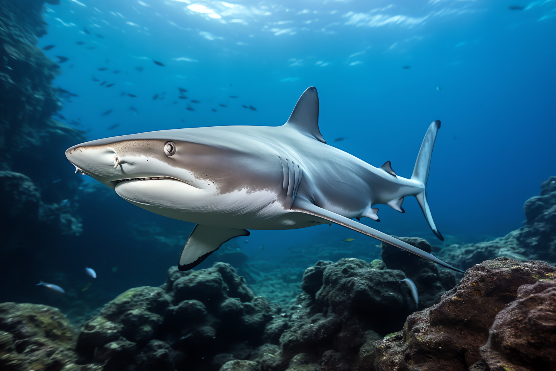 Whitetip Predator Shark, Marine Creature, Ecuadorian Island Fauna, Elusive Aquatic Hunter, Shark Ecological Role, HD Desktop Wallpaper