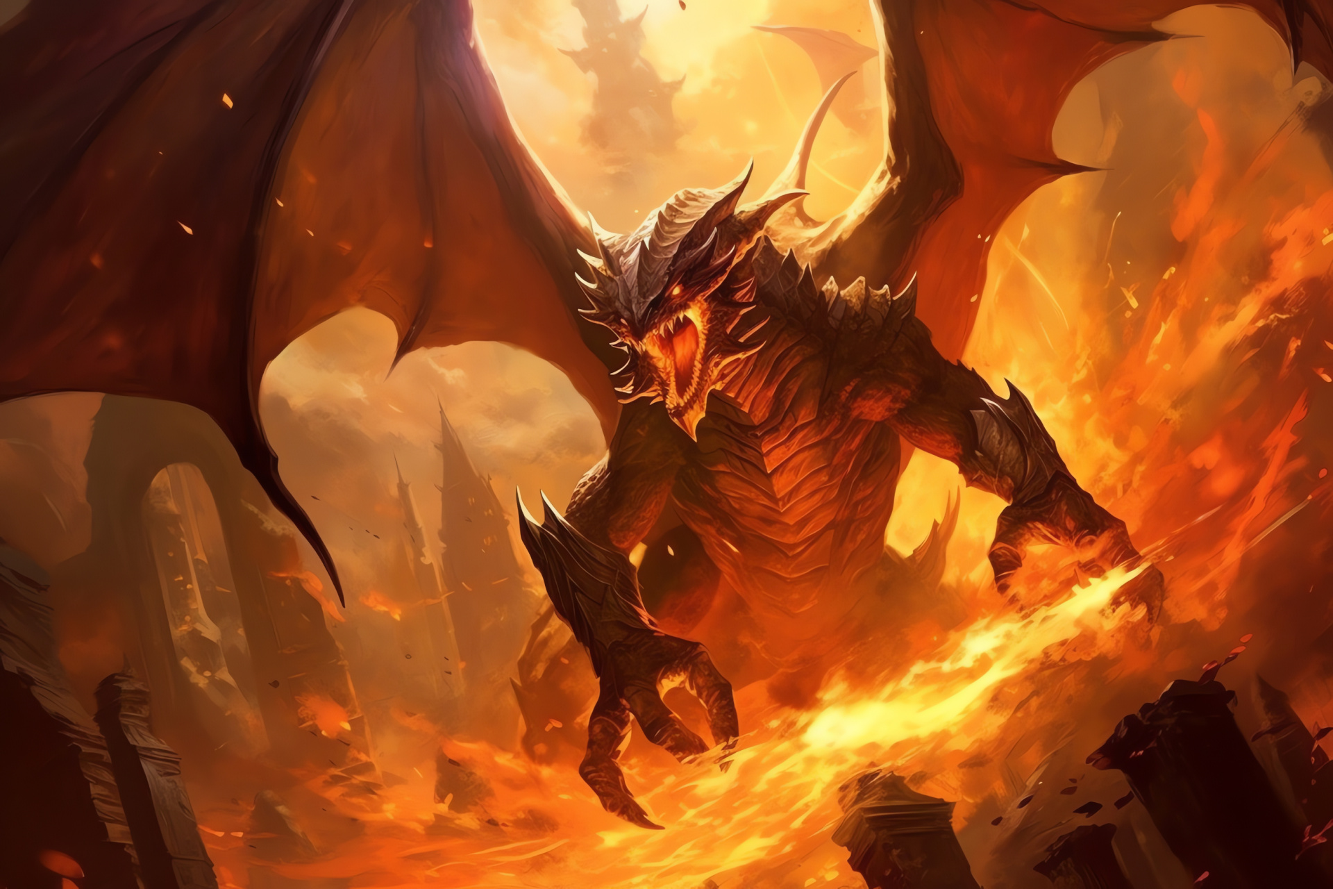 Nicol Bolas ferocity, Draconian might, Blaze of glory, MTG antagonist, Afire battleground, HD Desktop Image