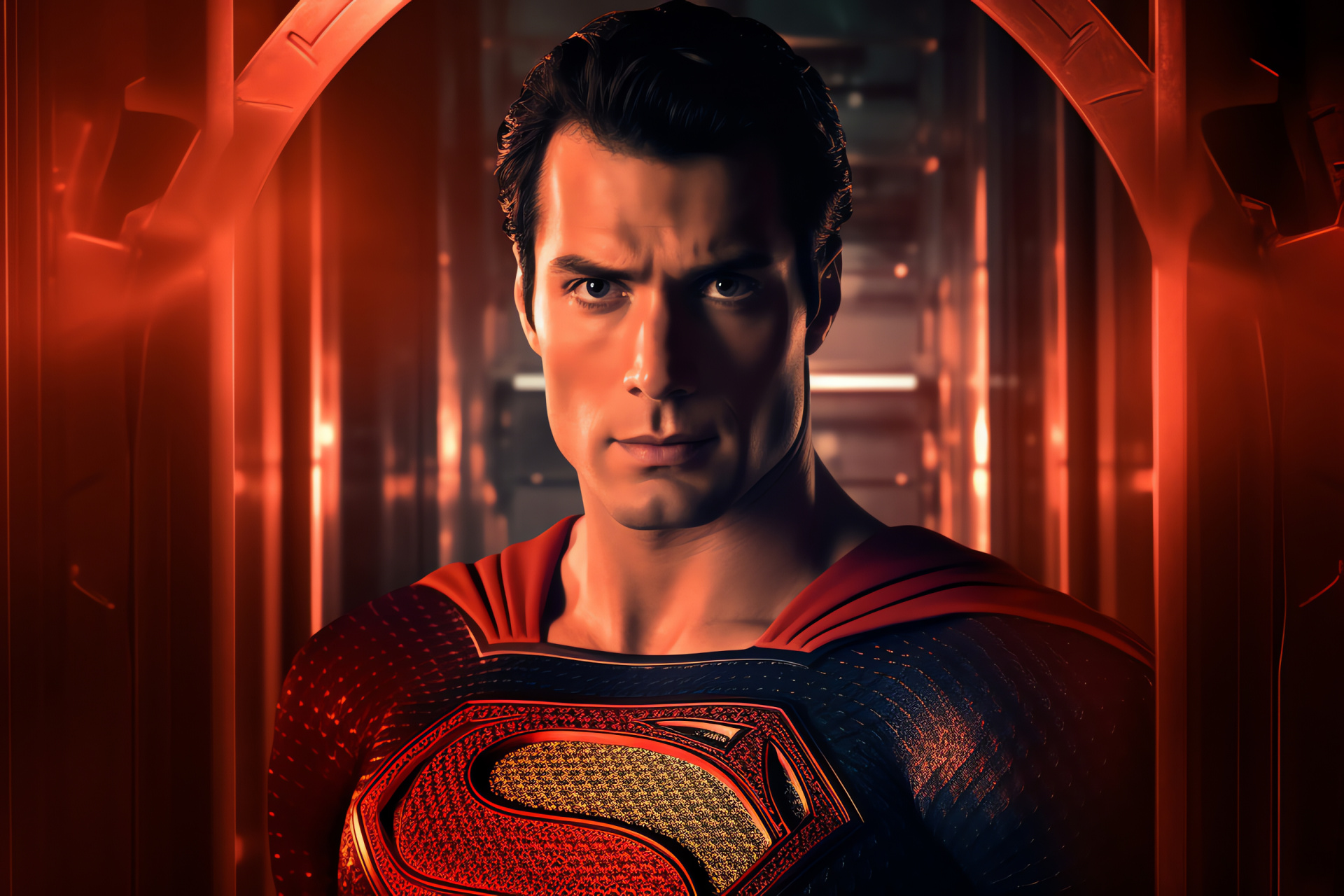 Man Of Steel depiction, Superhuman feature film, Glaring ocular power, Metallic barrier, Steadfast superhero, HD Desktop Image