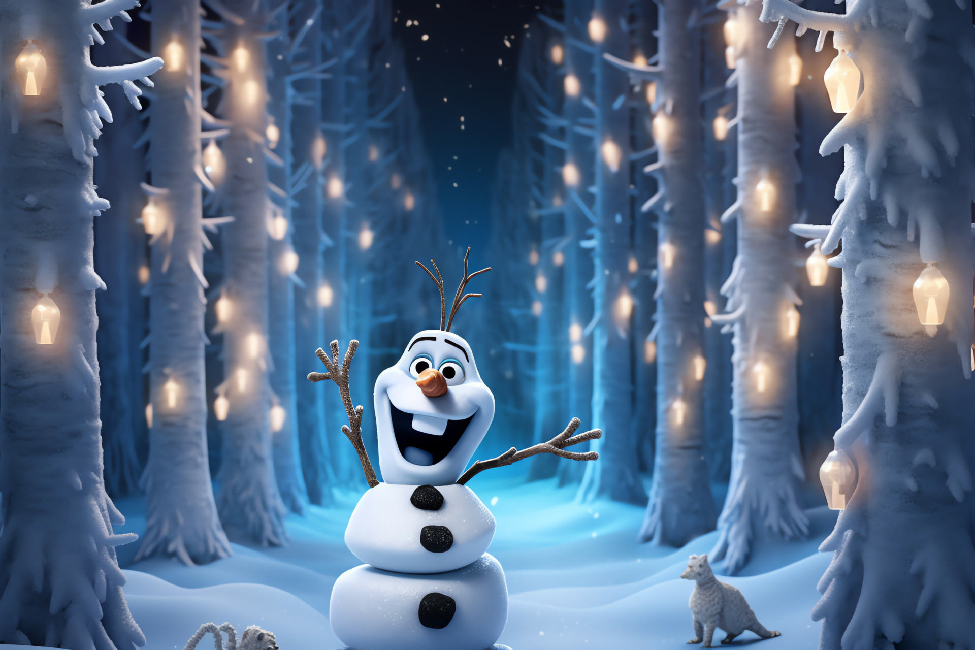 Snowman animation, arctic nature, Aurora Borealis, serene pines, soft winter sounds, HD Desktop Wallpaper