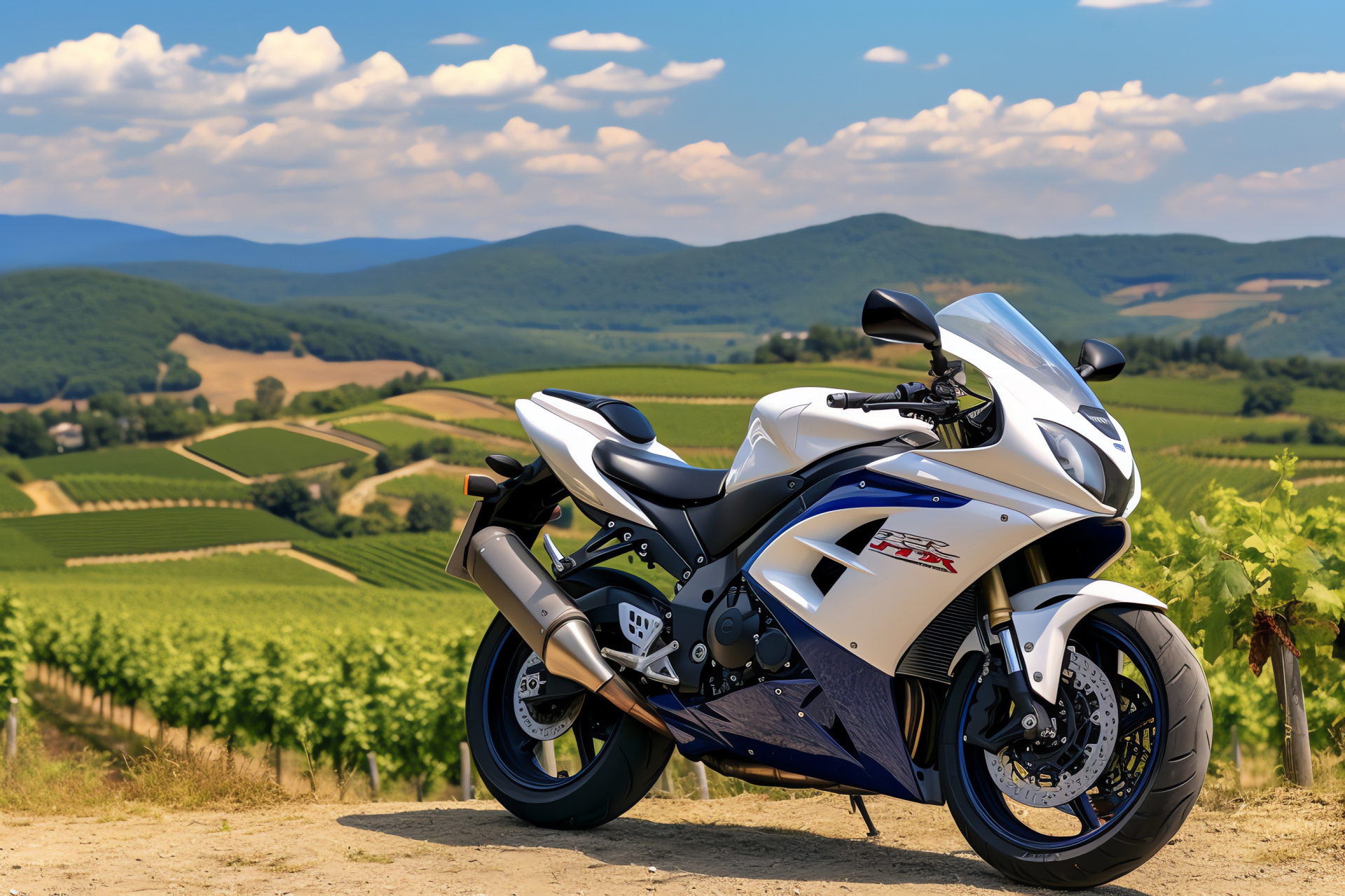 Suzuki GSXR 750 in Tuscany, Countryside motorcycling, Idyllic vineyard backdrop, Panoramic Tuscan roads, Italian touring pursuit, HD Desktop Image