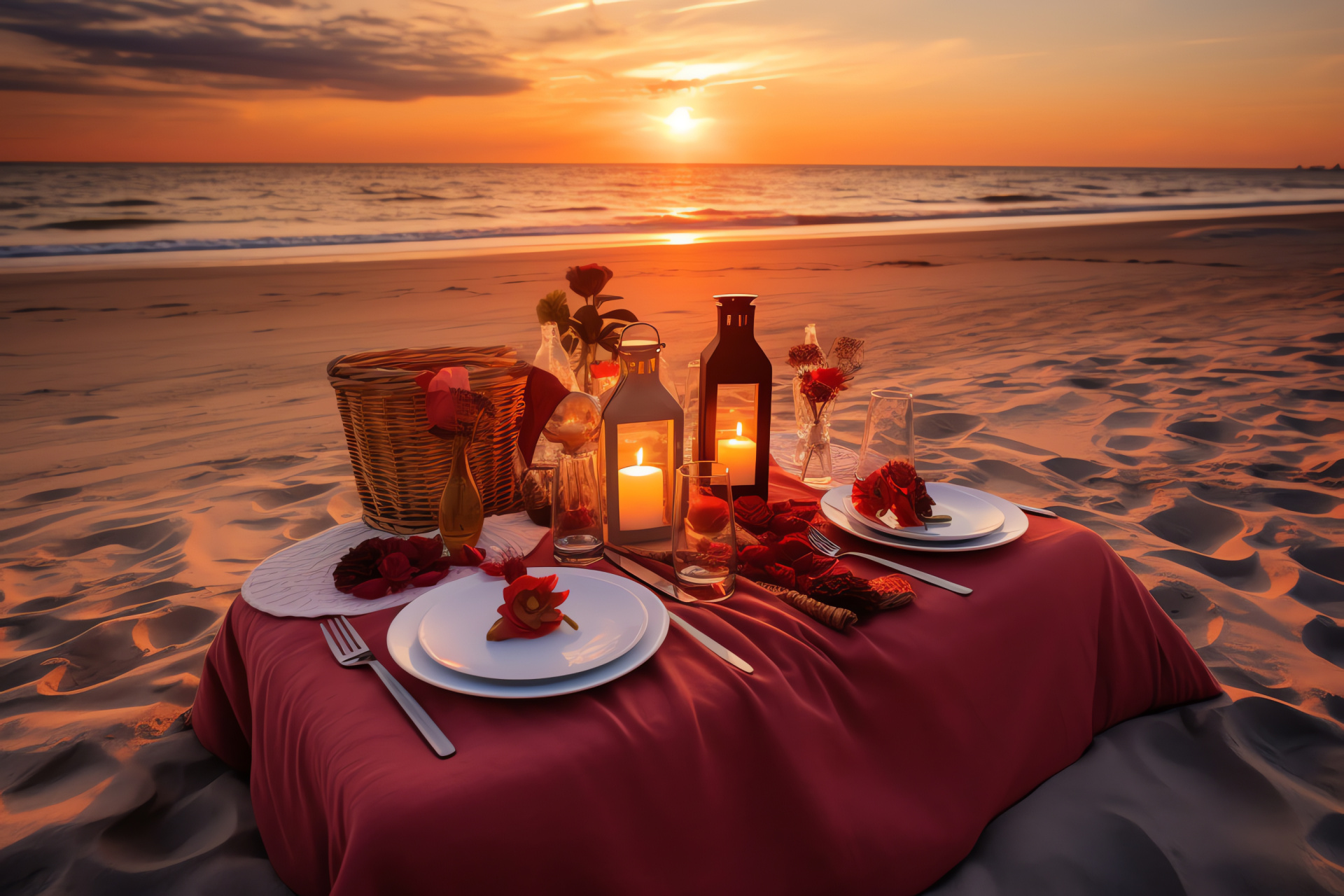 Coastal romance, golden hour, Valentine embellishments, sandy shore, tender celebration, HD Desktop Wallpaper