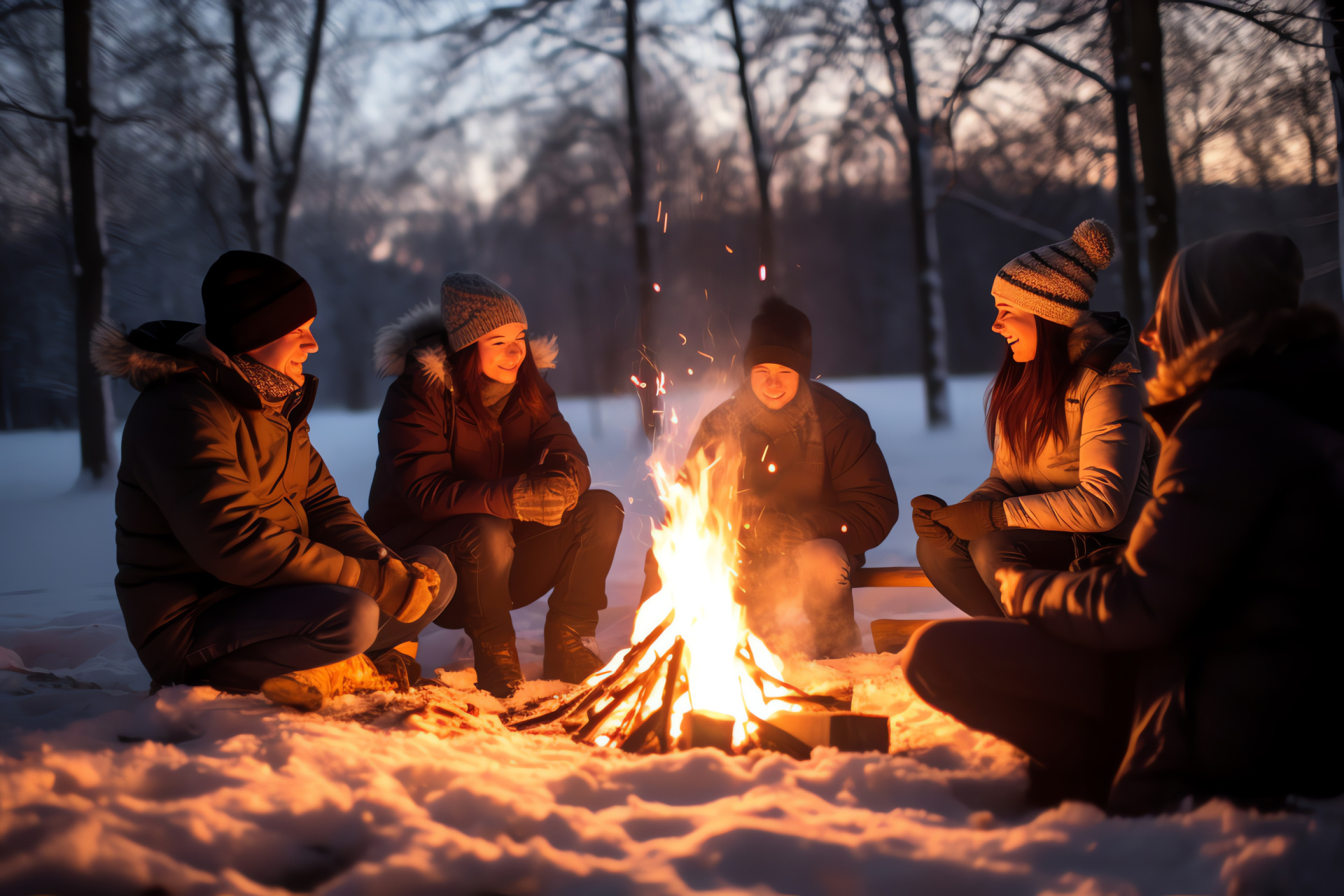 Seasonal winter woodland, Christmas gathering, Outdoor bonfire warmth, Festive sparkling ambiance, Friends' reunion, HD Desktop Wallpaper